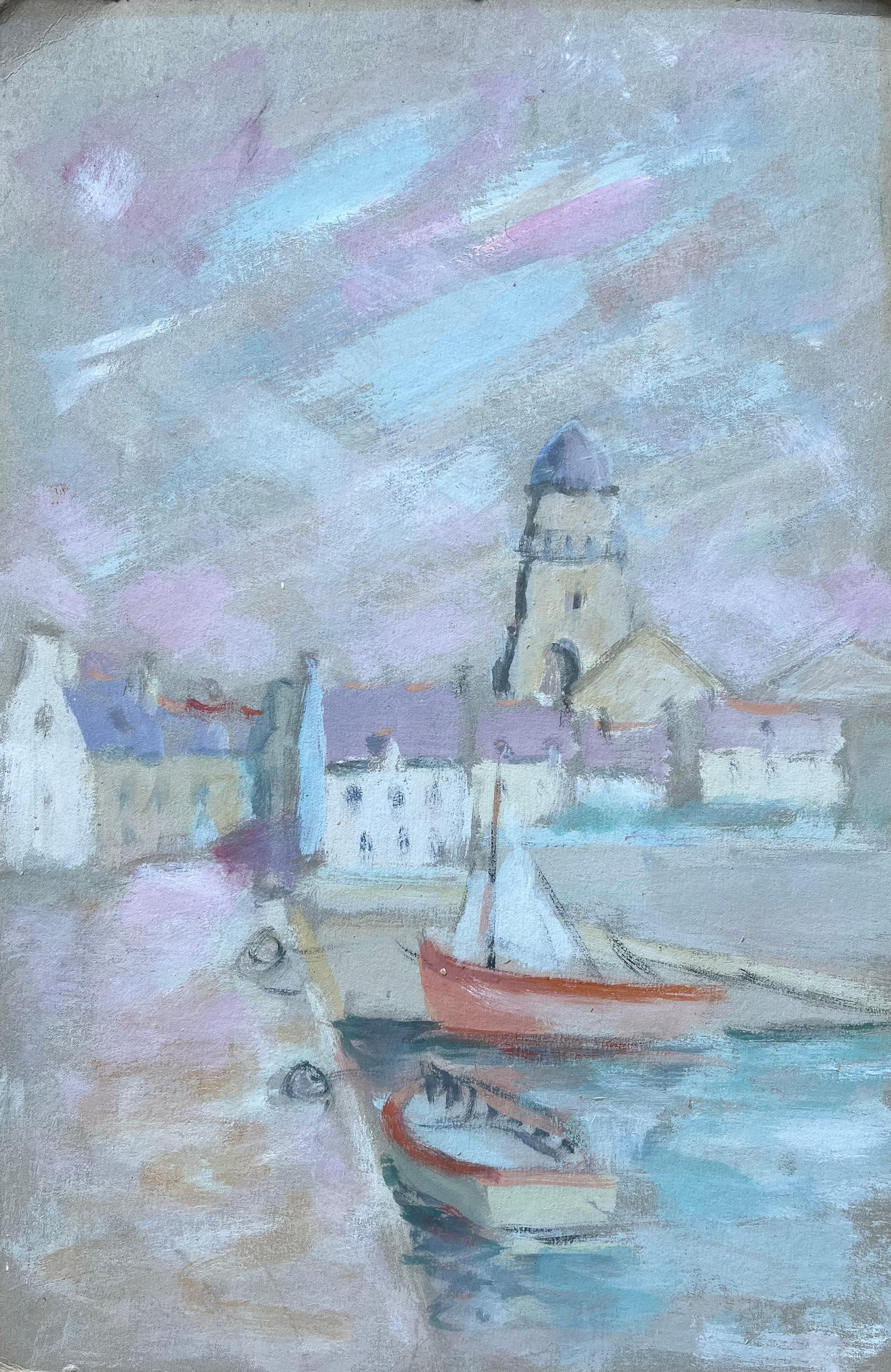 Landscape Painting di Fanch Lel - Scena portuale a colori pastello con barche e campanile Francia