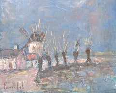 Arbres jaunes en épi bordant le moulin à vent de la Townes  Peinture à l'huile d'un paysage français