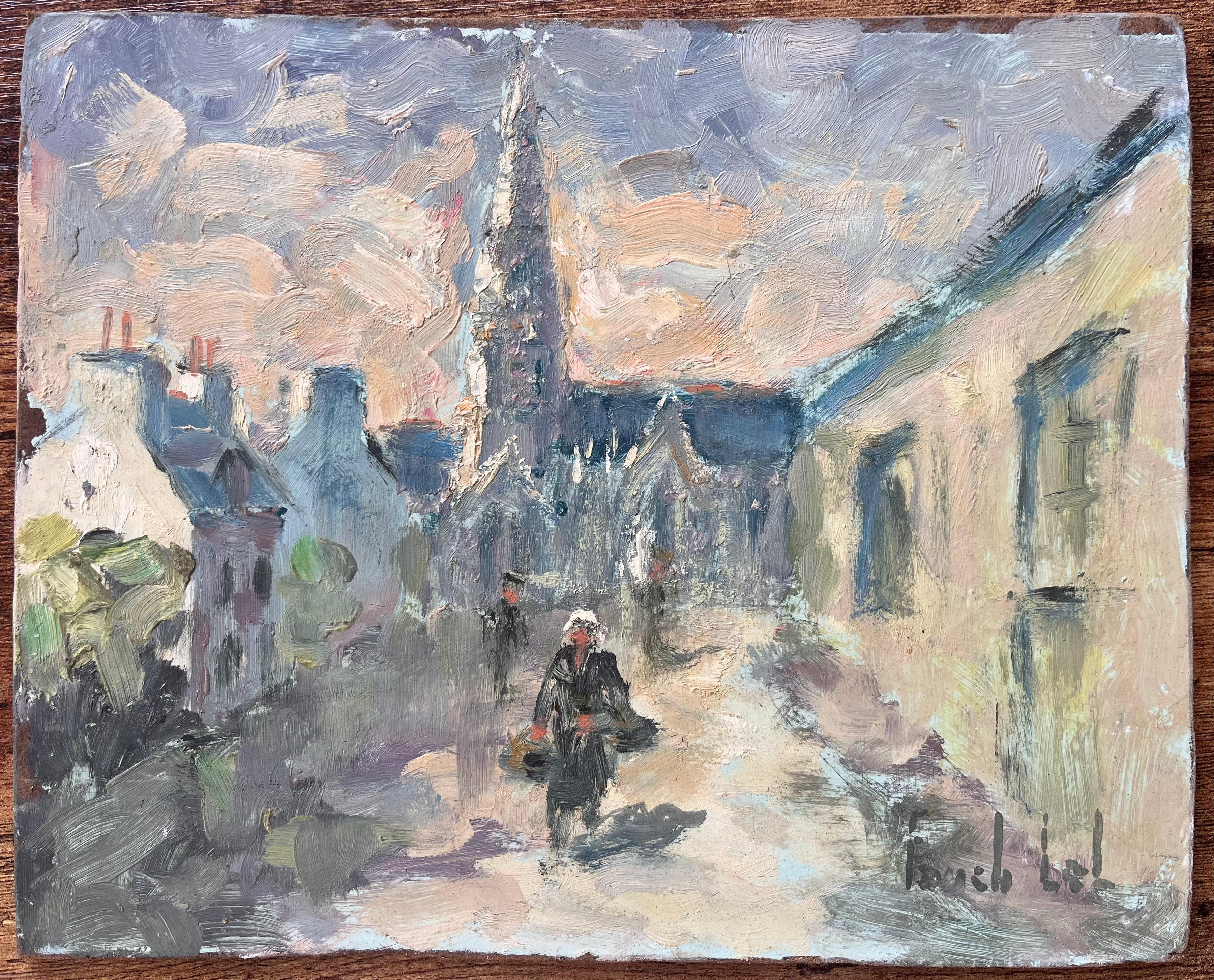 St. Grawi French Impressionist Painting of Village Street and Cathedral - Gray Still-Life Painting by Fanch Lel