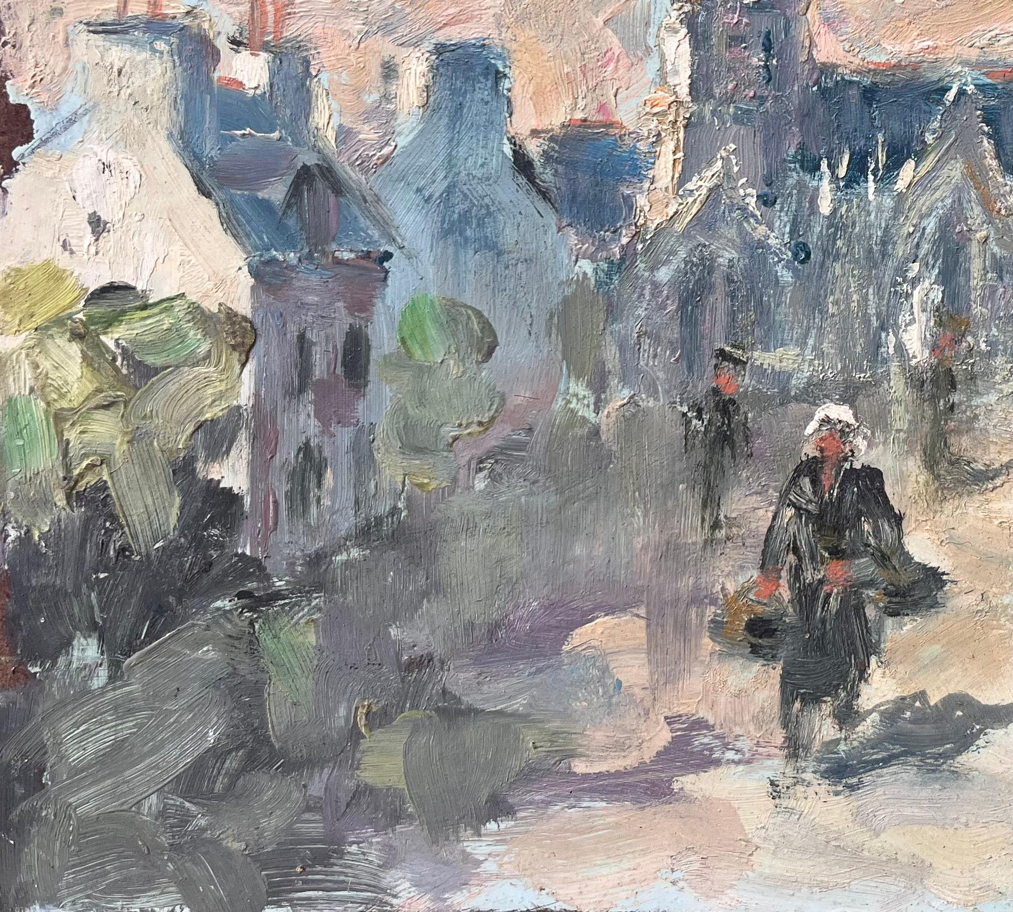 Title: St. Grawi French Impressionist Painting of Village Street and Cathedral 
by Fanch Lel
Signed: Yes
Size: 8.5 inches (height) x 10.75 inches (width)
Medium: Oil on board, unframed
Condition: The painting is in good condition with slight edge