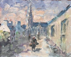 Französisches impressionistisches Gemälde der St. Grawi-Gemälde der Dorfstraße und Kathedrale, Französisch