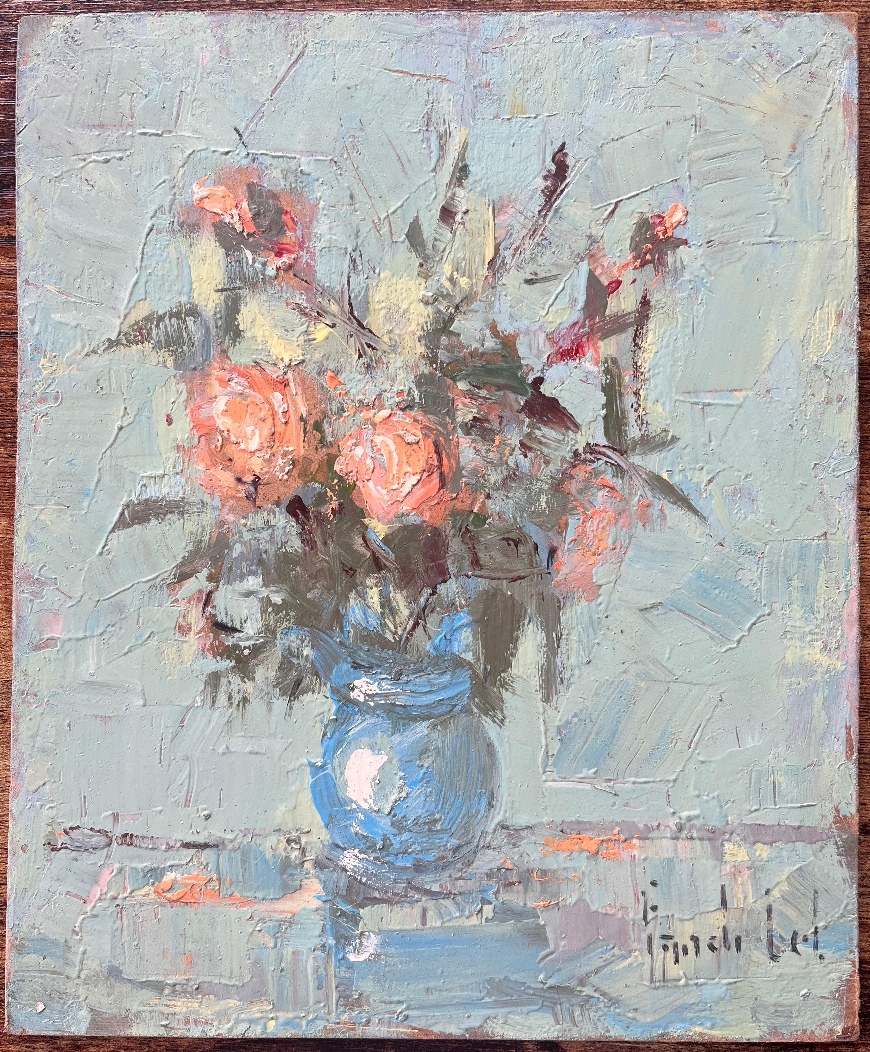 Still Life of Peach and Coral Flowers in Blue Vase with Pale Green Background - Painting by Fanch Lel