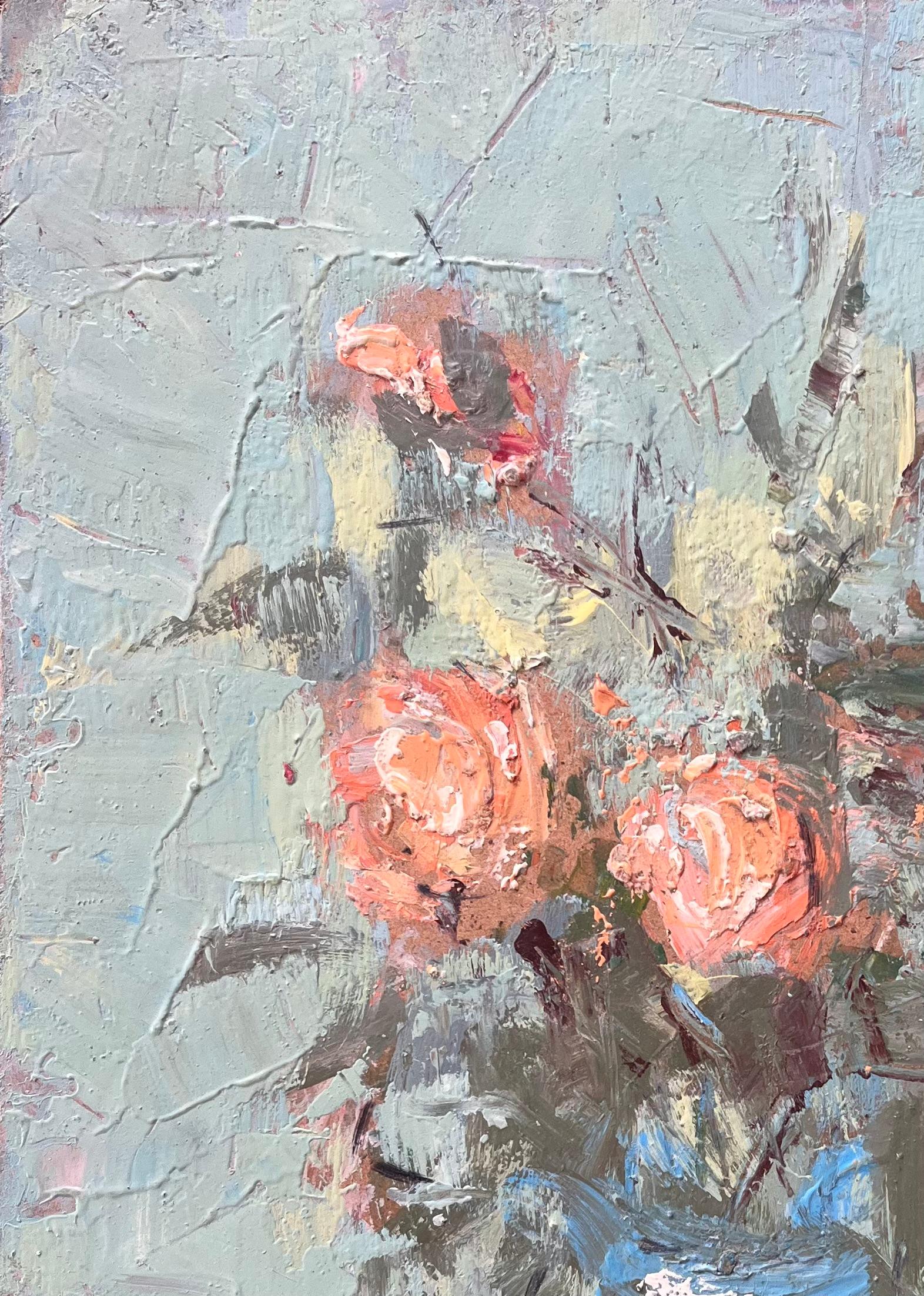 Still Life of Peach and Coral Flowers in Blue Vase with Pale Green Background - Impressionist Painting by Fanch Lel