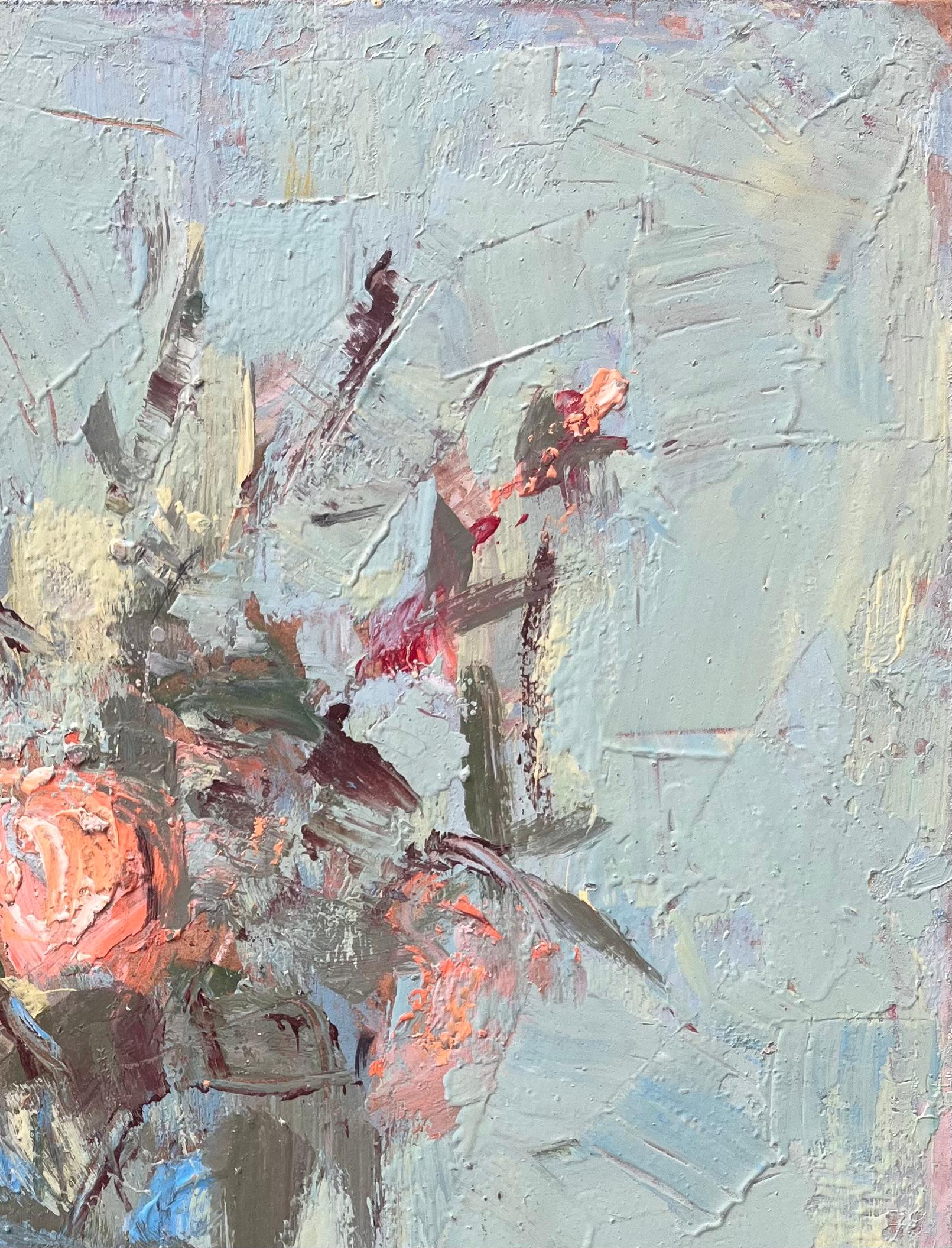 Still Life of Peach and Coral Flowers in Blue Vase with Pale Green Background - Gray Landscape Painting by Fanch Lel