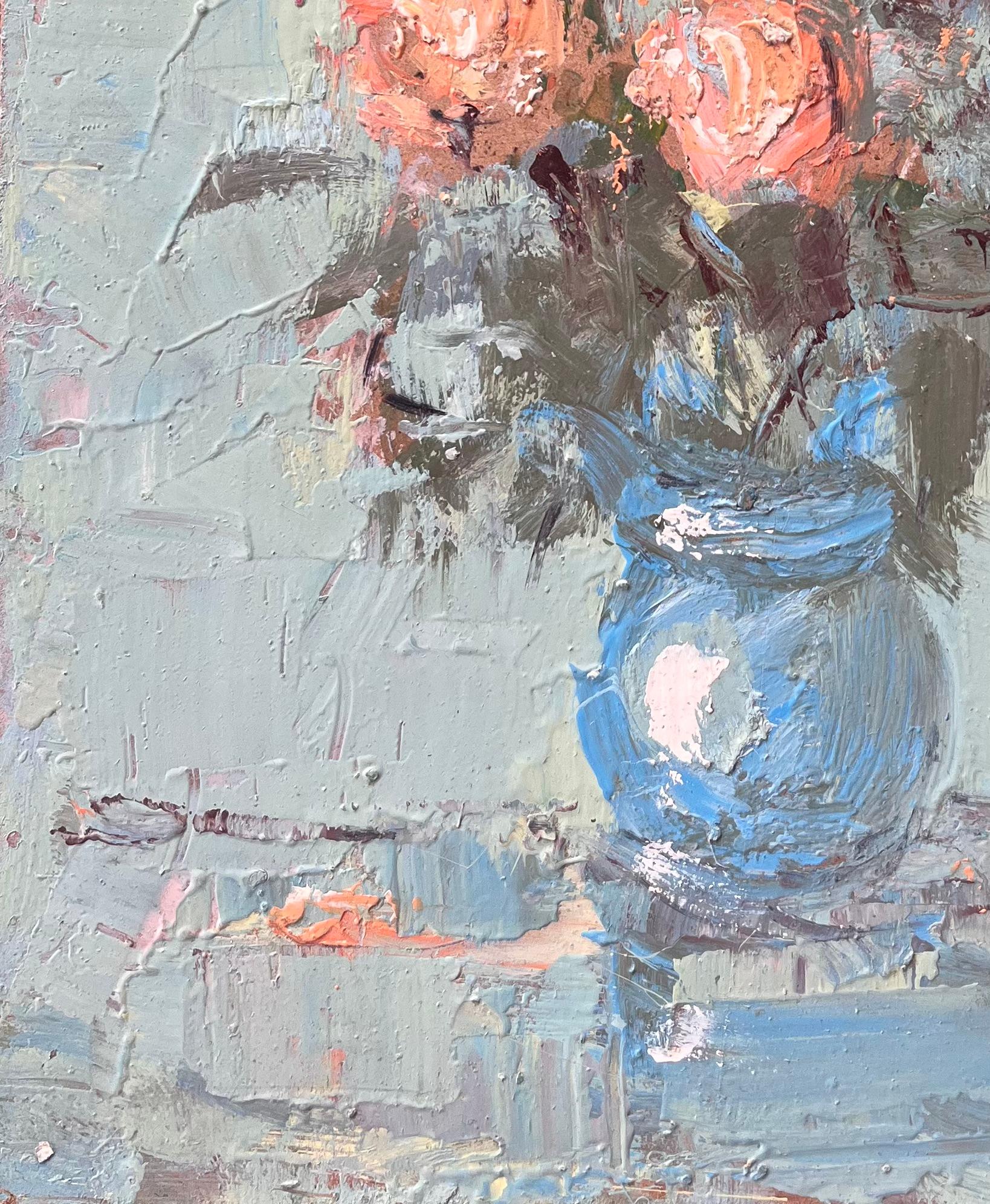 Title: Still Life of Peach and Coral Flowers in Blue Vase with Pale Green Background
by Fanch Lel
Signed: Yes
Size: 10.75 inches (height) x 8.75 inches (width)
Medium: Oil on board, unframed
Condition: The painting is in good condition with slight