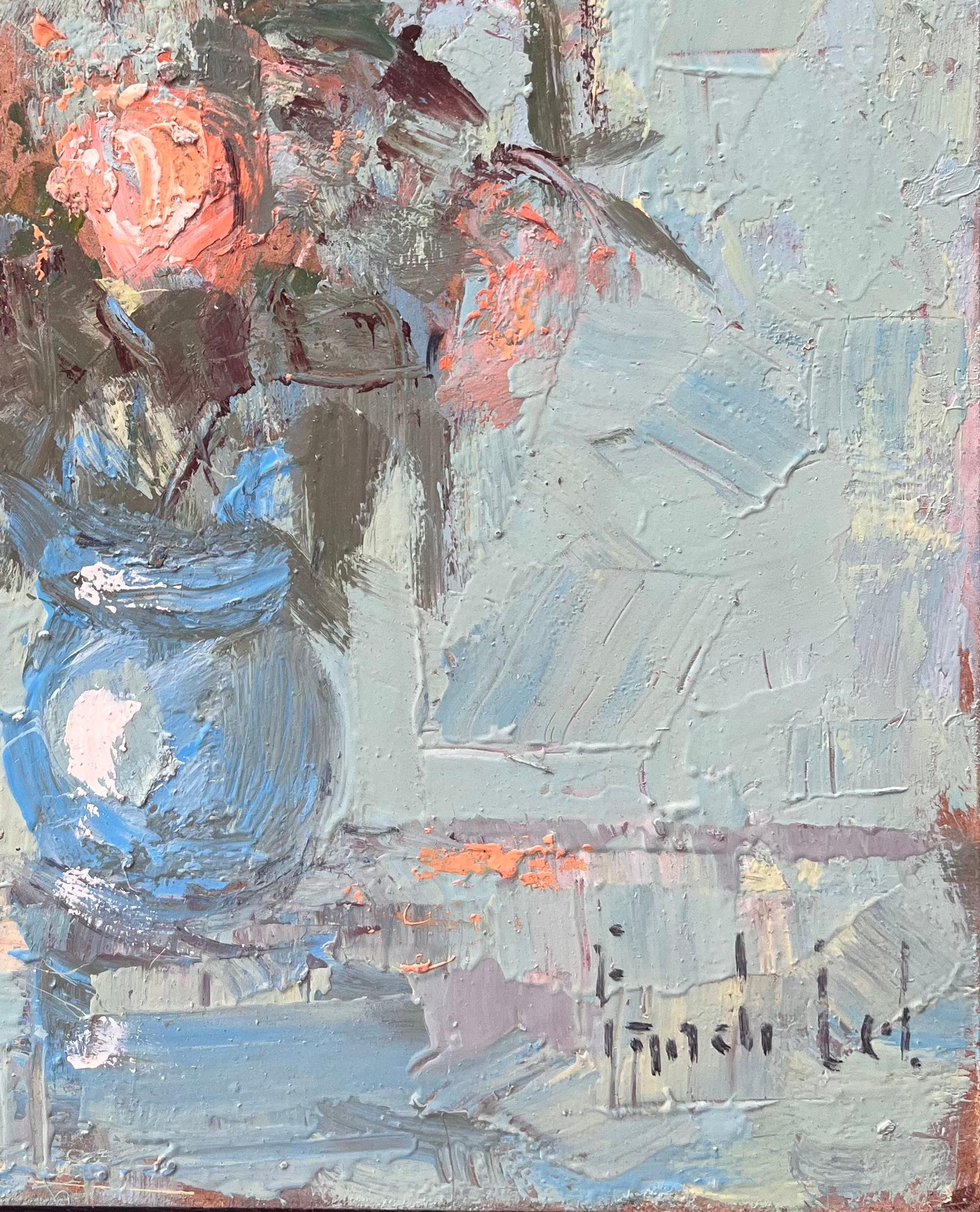 Still Life of Peach and Coral Flowers in Blue Vase with Pale Green Background For Sale 1