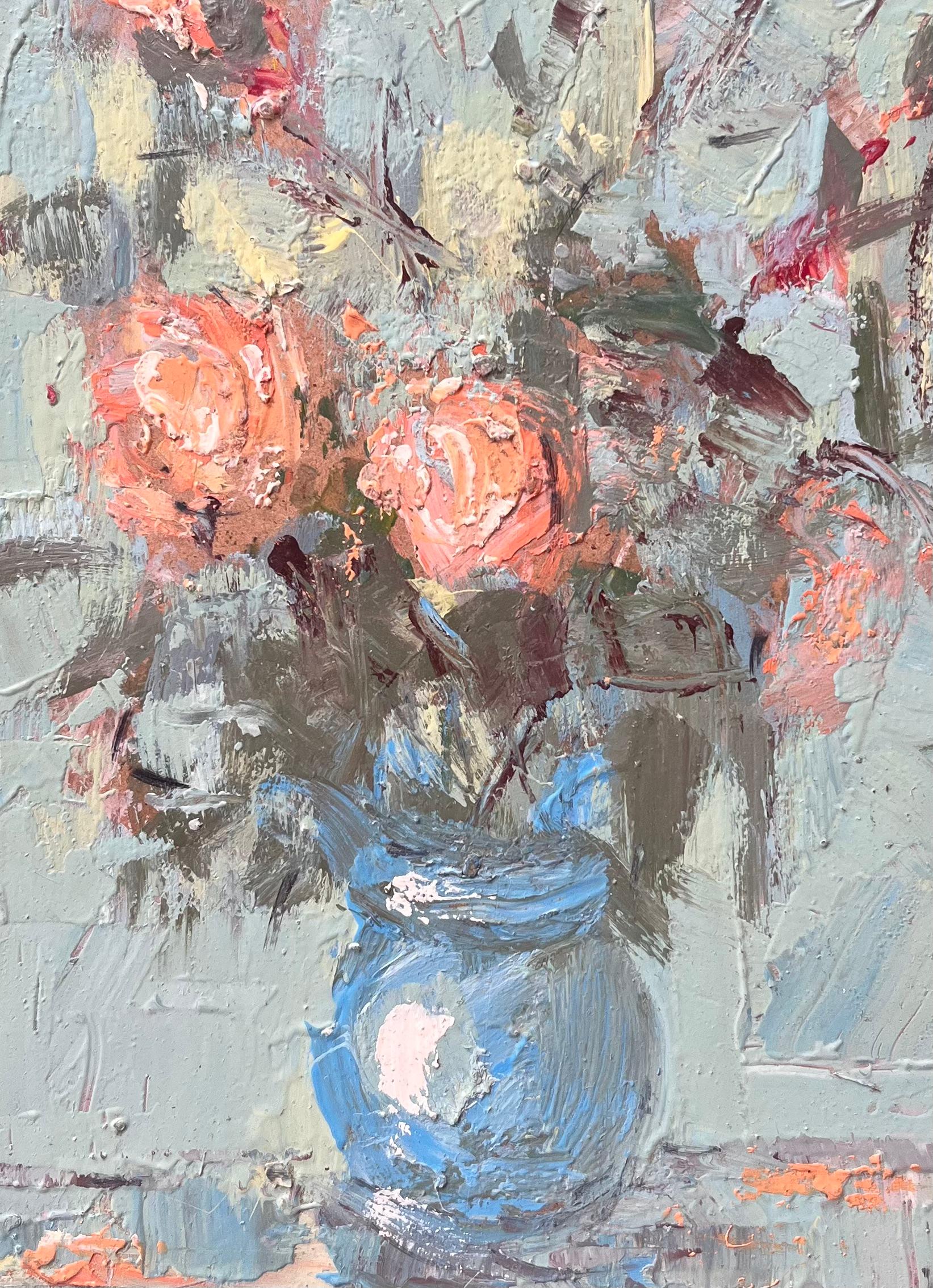 Still Life of Peach and Coral Flowers in Blue Vase with Pale Green Background For Sale 2
