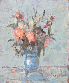 Vintage Still Life of Peach and Coral Flowers in Blue Vase with Pale Green Background
