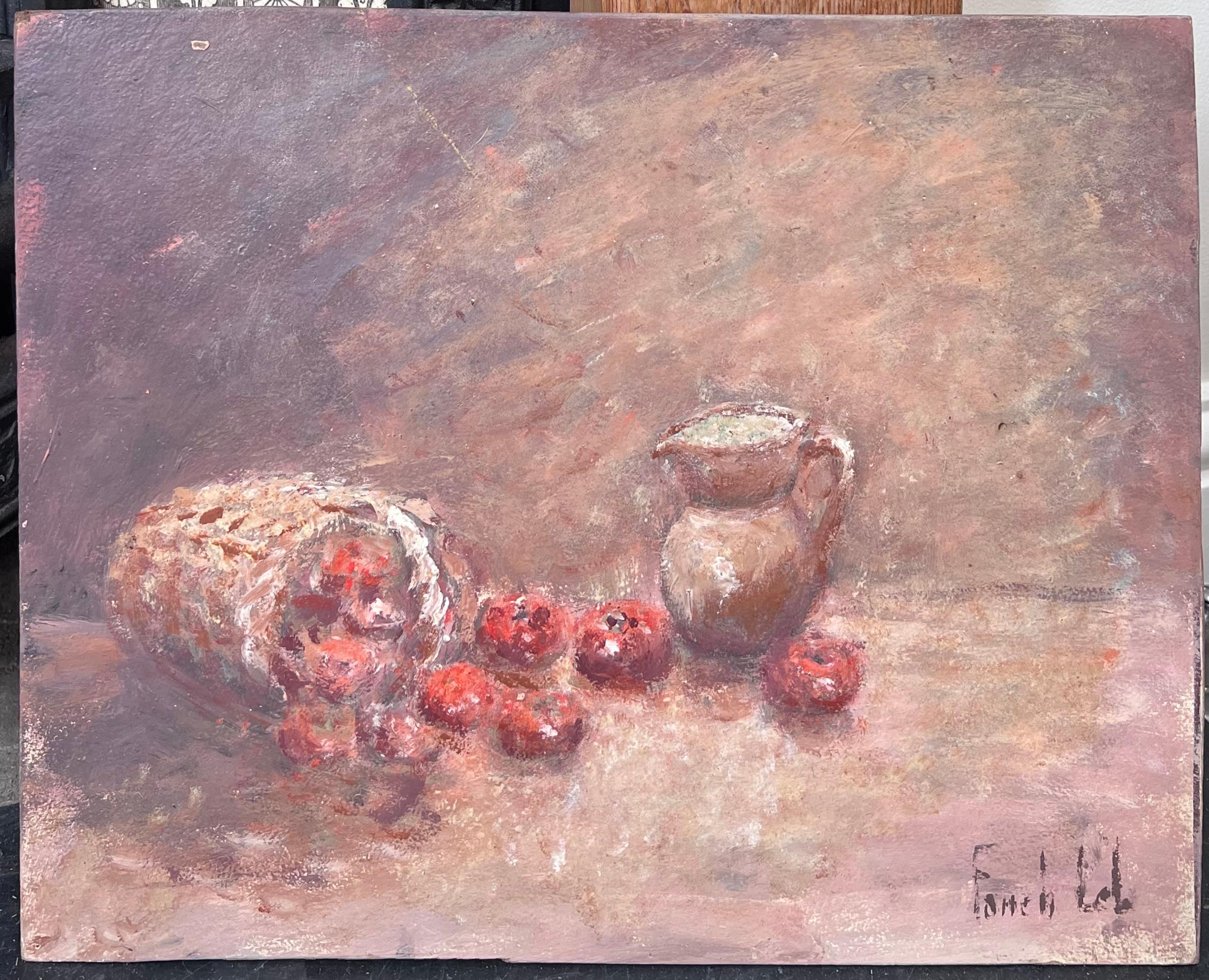 Natura morta Mele rosse che fuoriescono da un cesto intrecciato  e Pittura ad olio su brocca di ceramica - Painting di Fanch Lel