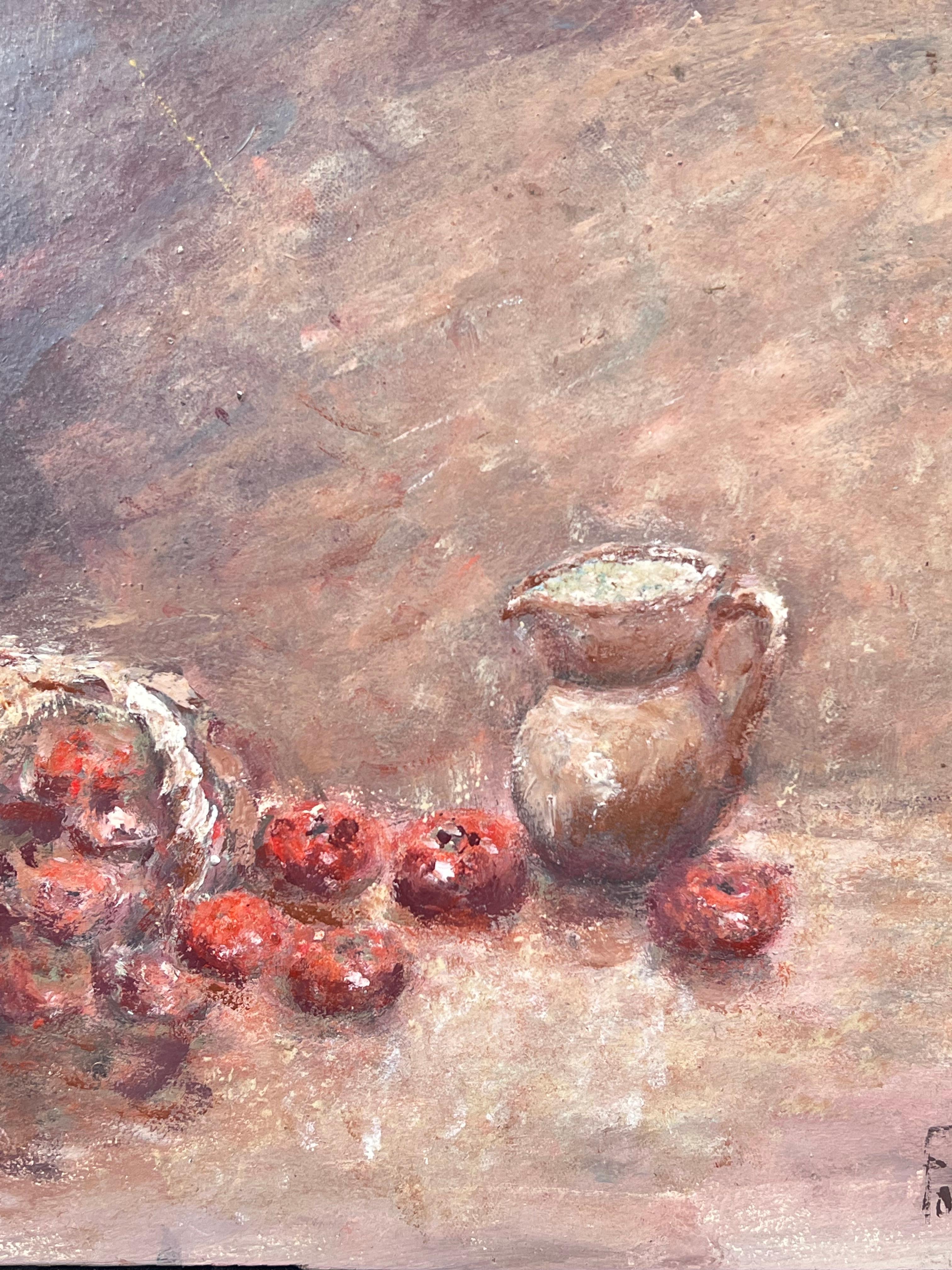Natura morta Mele rosse che fuoriescono da un cesto intrecciato  e Pittura ad olio su brocca di ceramica - Painting Impressionismo di Fanch Lel