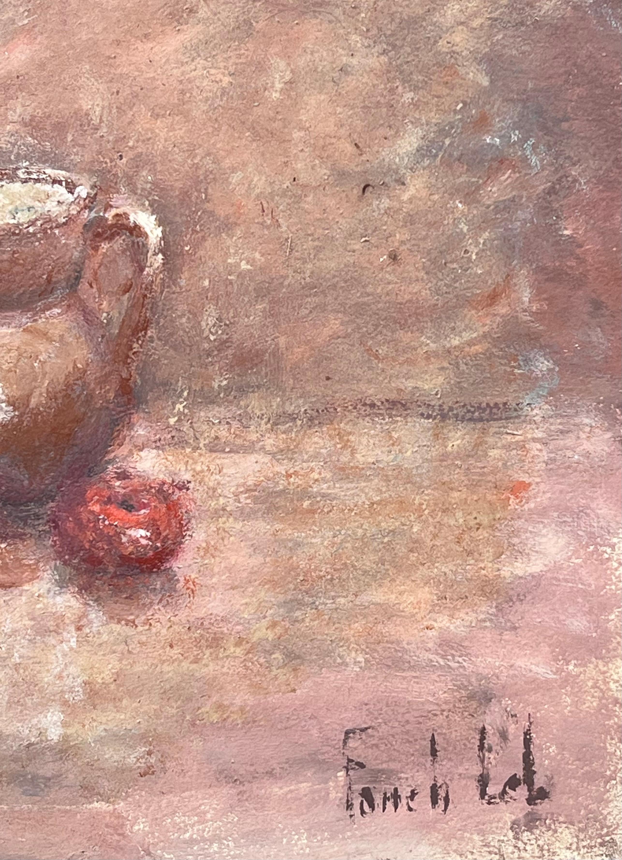Natura morta Mele rosse che fuoriescono da un cesto intrecciato  e Pittura ad olio su brocca di ceramica - Still-Life Painting Marrone di Fanch Lel