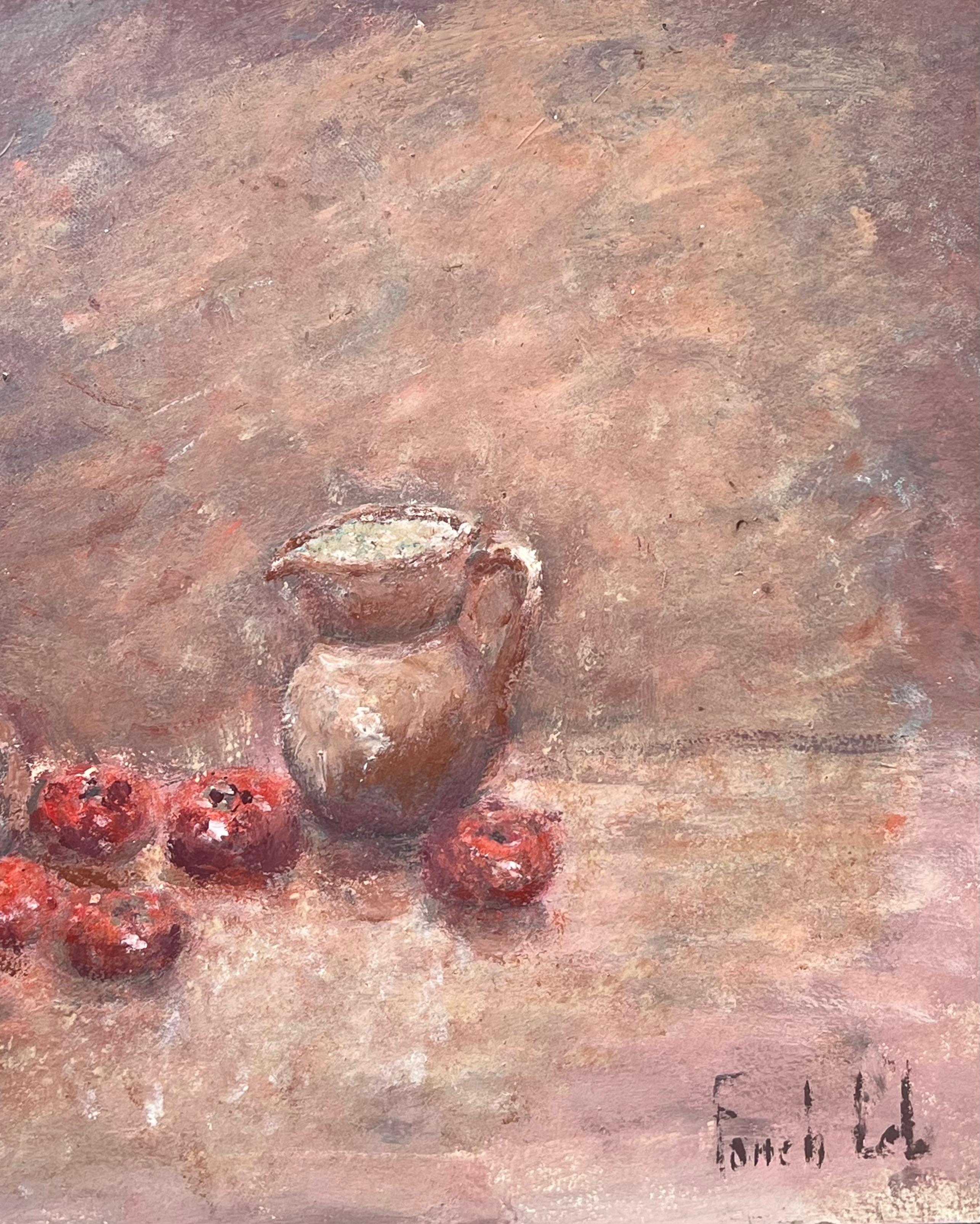 Natura morta di mele rosse
Firmato da Fanch Lel
Dimensioni: 13 x 16 pollici (altezza x larghezza)
Pittura a olio su tavola, senza cornice
Condit: Buone condizioni generali, con lievi segni di manipolazione della superficie e una leggera usura dei