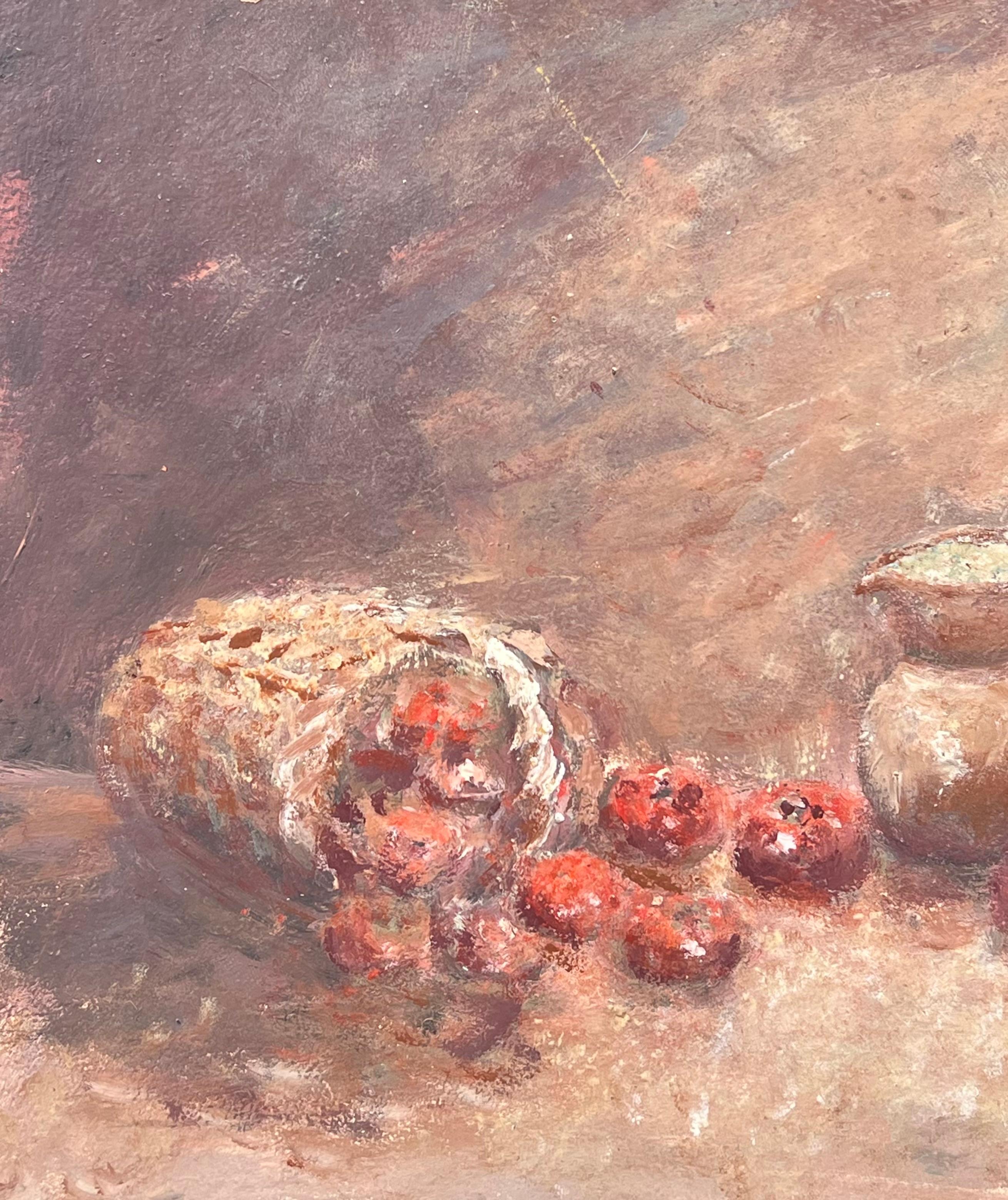 Natura morta Mele rosse che fuoriescono da un cesto intrecciato  e Pittura ad olio su brocca di ceramica in vendita 1