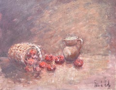 Natura morta Mele rosse che fuoriescono da un cesto intrecciato  e Pittura ad olio su brocca di ceramica