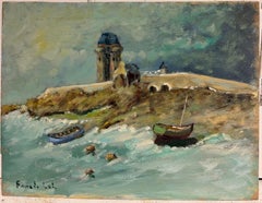 Stormy Coastal Chapel with Fishing Boats and Breaking Waves French Landscape