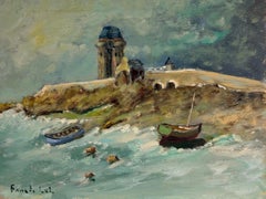 Stormy Coastal Chapel with Fishing Boats and Breaking Waves French Landscape