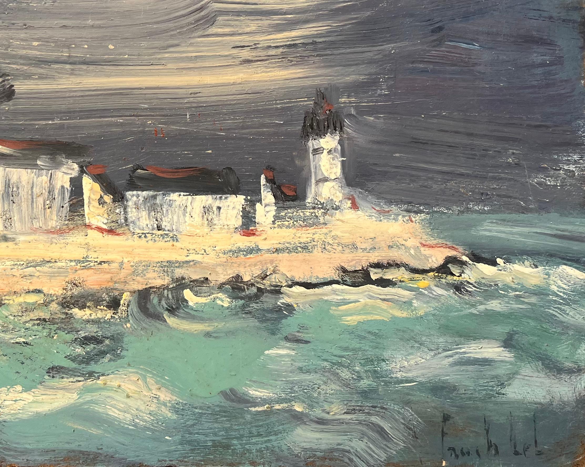 Stormy Coastal Lighthouse-Szene mit Crashing Waves und dramatischem Himmel in Öl (Impressionismus), Painting, von Fanch Lel