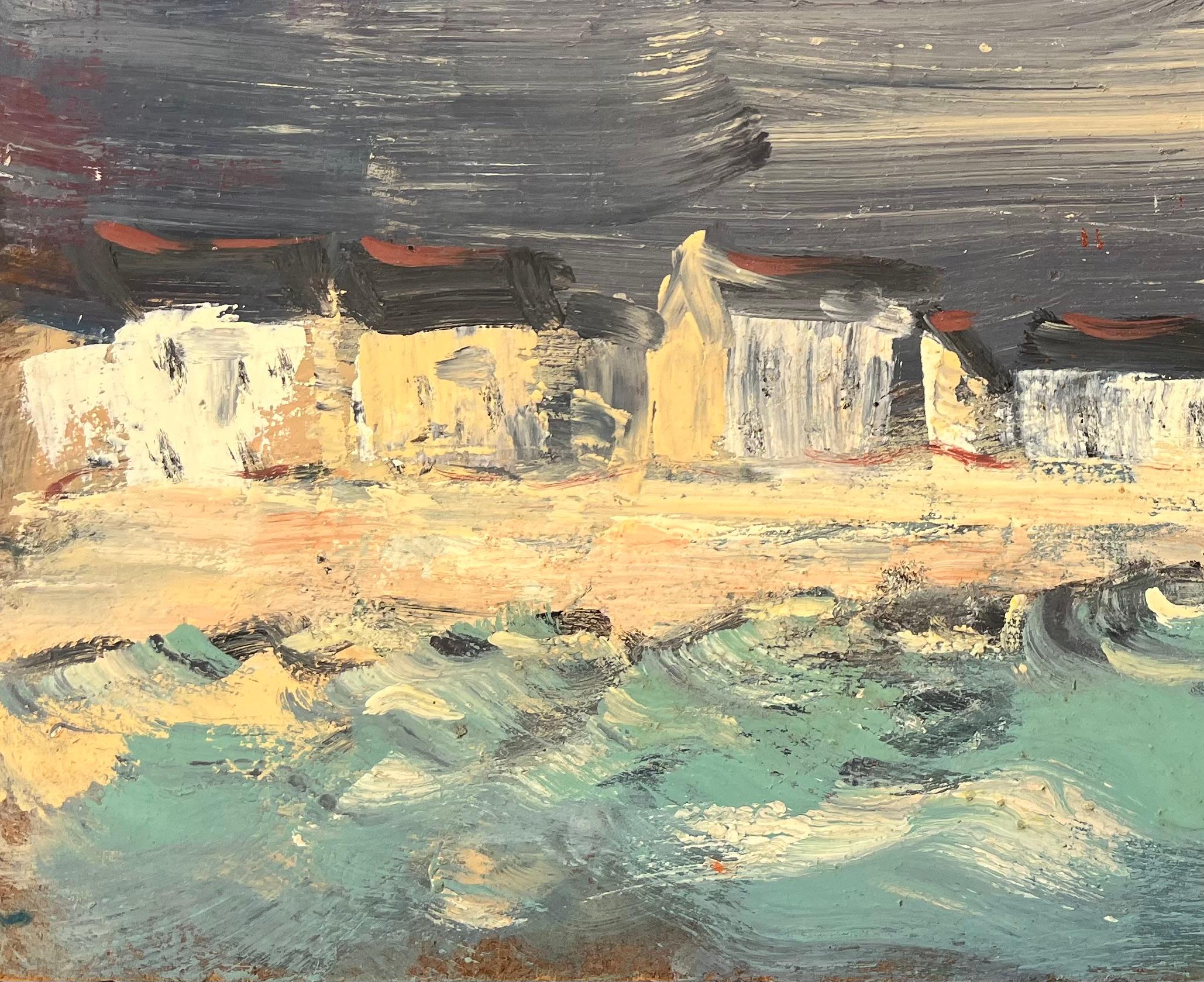 Stormy Coastal Lighthouse-Szene mit Crashing Waves und dramatischem Himmel in Öl (Grau), Abstract Painting, von Fanch Lel