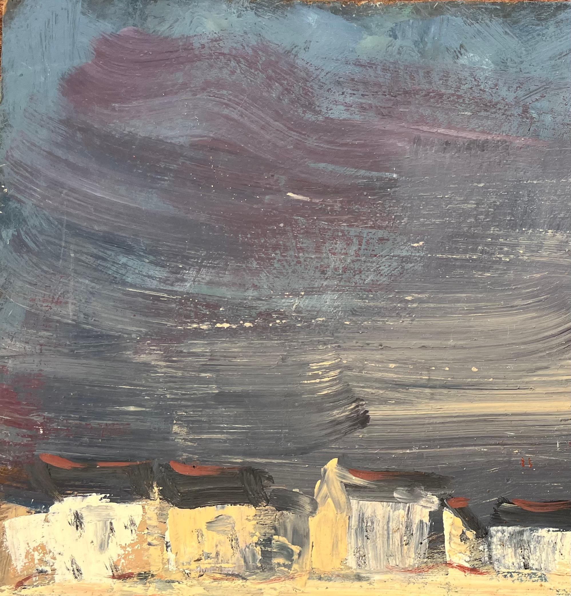 Titel: Stürmische Leuchtturmszene an der Küste mit krachenden Wellen und dramatischem Himmel in Öl
Von Fanch Lel
Unterschrieben: Ja
Größe: 15 x 18,25 Zoll (Höhe x Breite)
Ölgemälde auf Karton, ungerahmt
Zustand: Das Gemälde ist in gutem Zustand mit