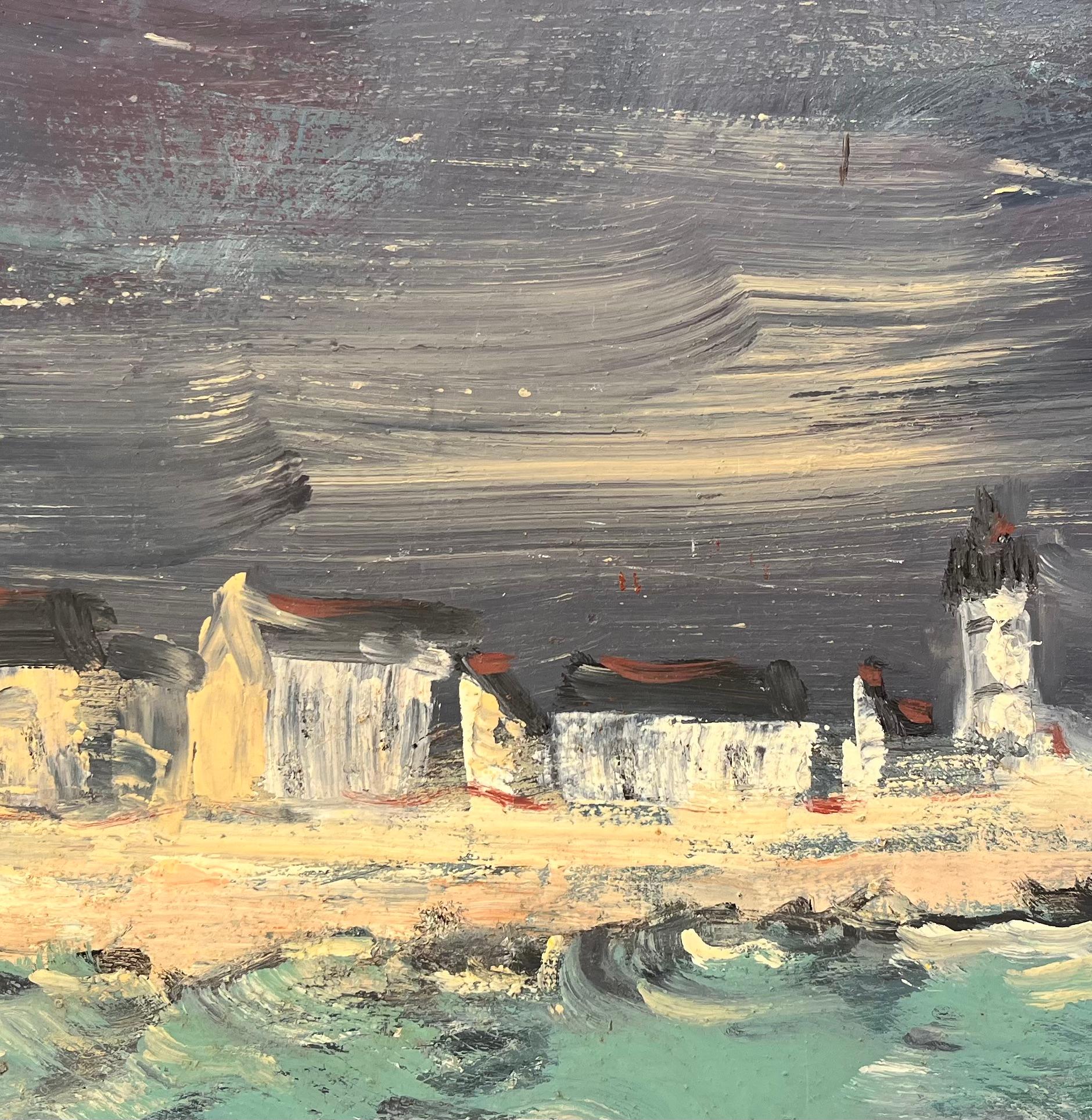 Stormy Coastal Lighthouse-Szene mit Crashing Waves und dramatischem Himmel in Öl im Angebot 2