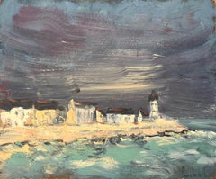 Stormy Coastal Lighthouse Scene with Crashing Waves and Dramatic Sky in Oil