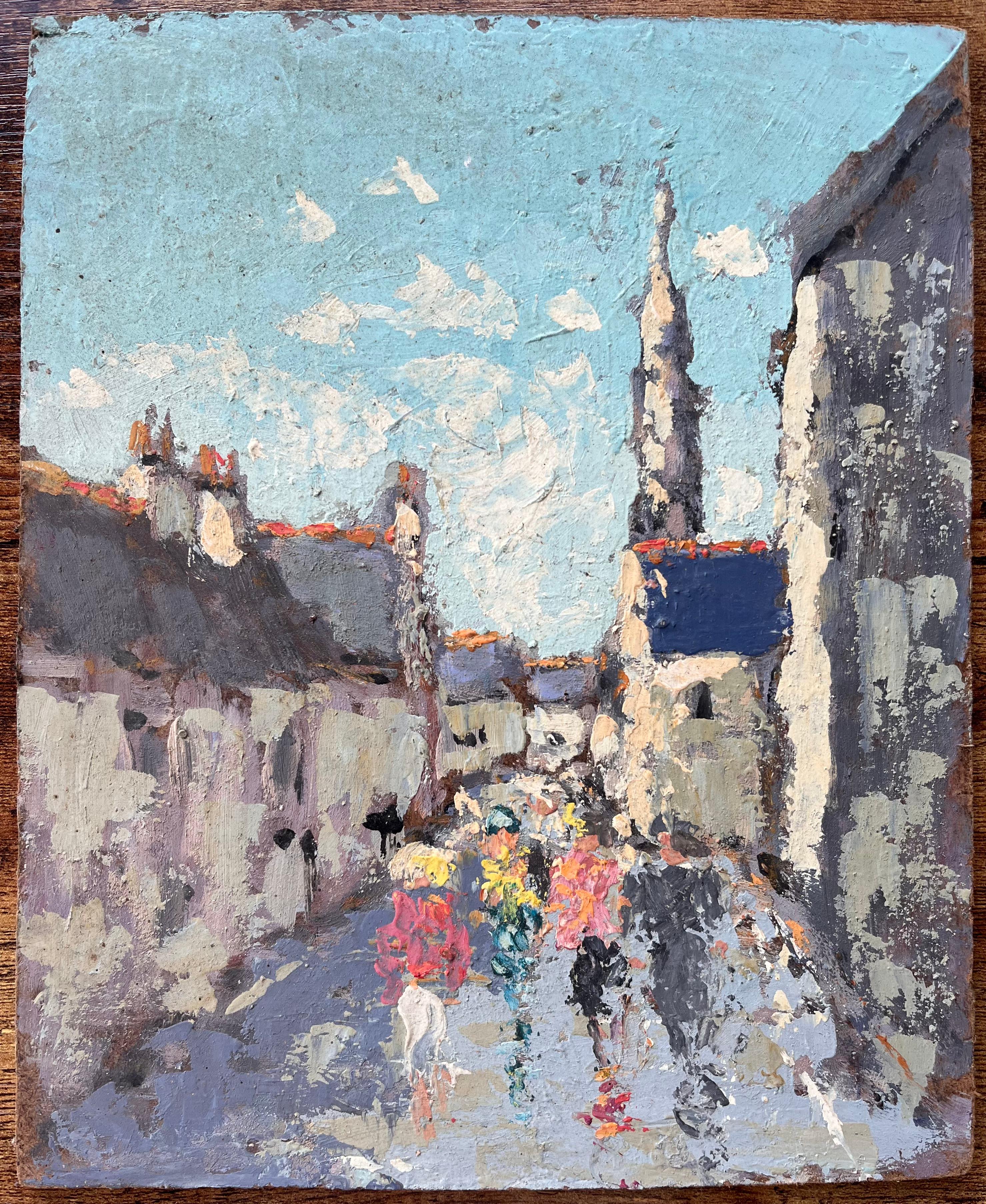 Scène de rue avec personnages et spirale d'église dans un village de Bretagne - Painting de Fanch Lel