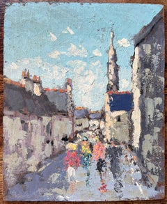 Street Scene with Figures and Church Spire in a Brittany Village