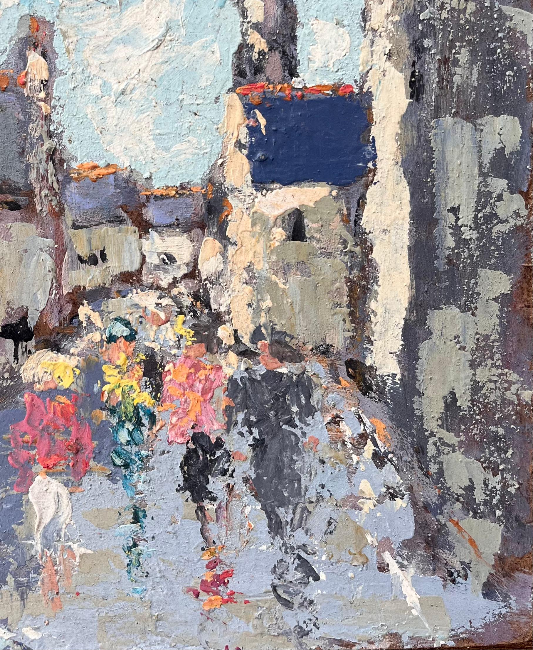 Scène de rue avec personnages et spirale d'église dans un village de Bretagne - Impressionnisme Painting par Fanch Lel