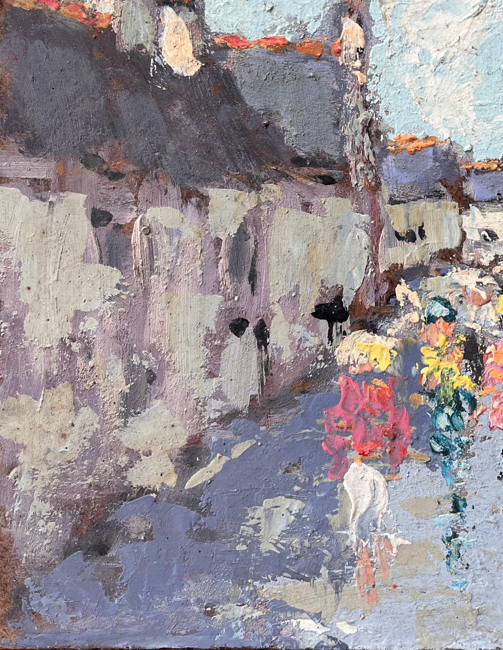 Scène de rue avec personnages et spirale d'église dans un village de Bretagne - Gris Landscape Painting par Fanch Lel