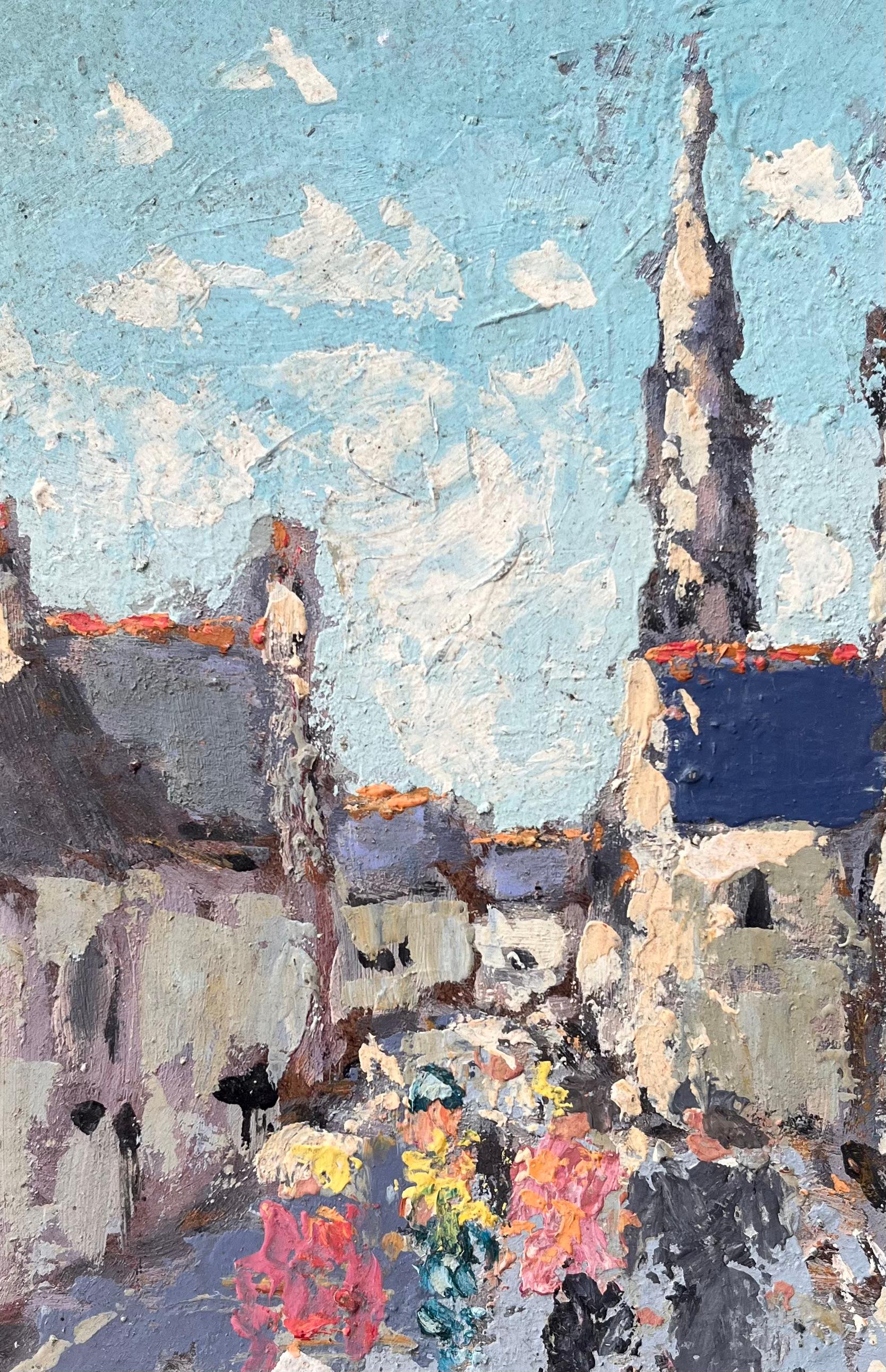 Scène de rue avec personnages et spirale d'église dans un village de Bretagne en vente 2