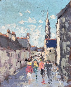 Street Scene with Figures and Church Spire in a Brittany Village