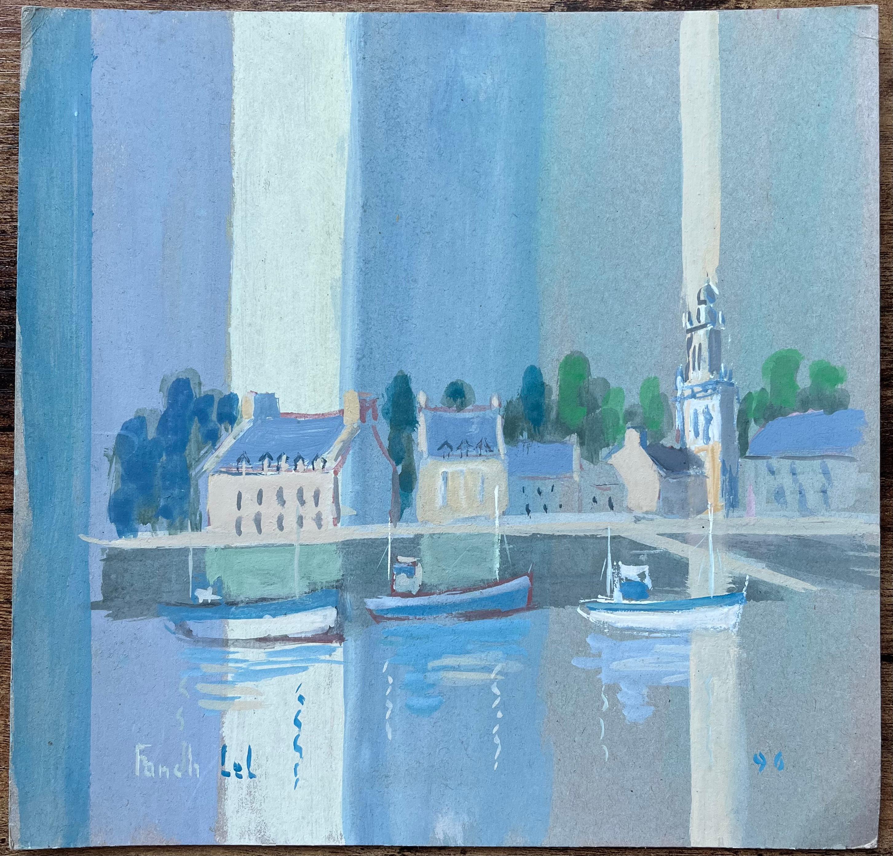 Ciudad portuaria francesa estilizada con barcos e iglesia en tonos fríos - Painting de Fanch Lel