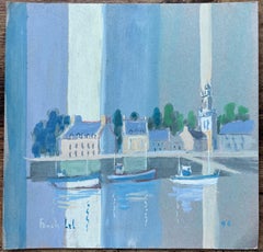 Città portuale francese stilizzata con barche e chiesa in toni freddi