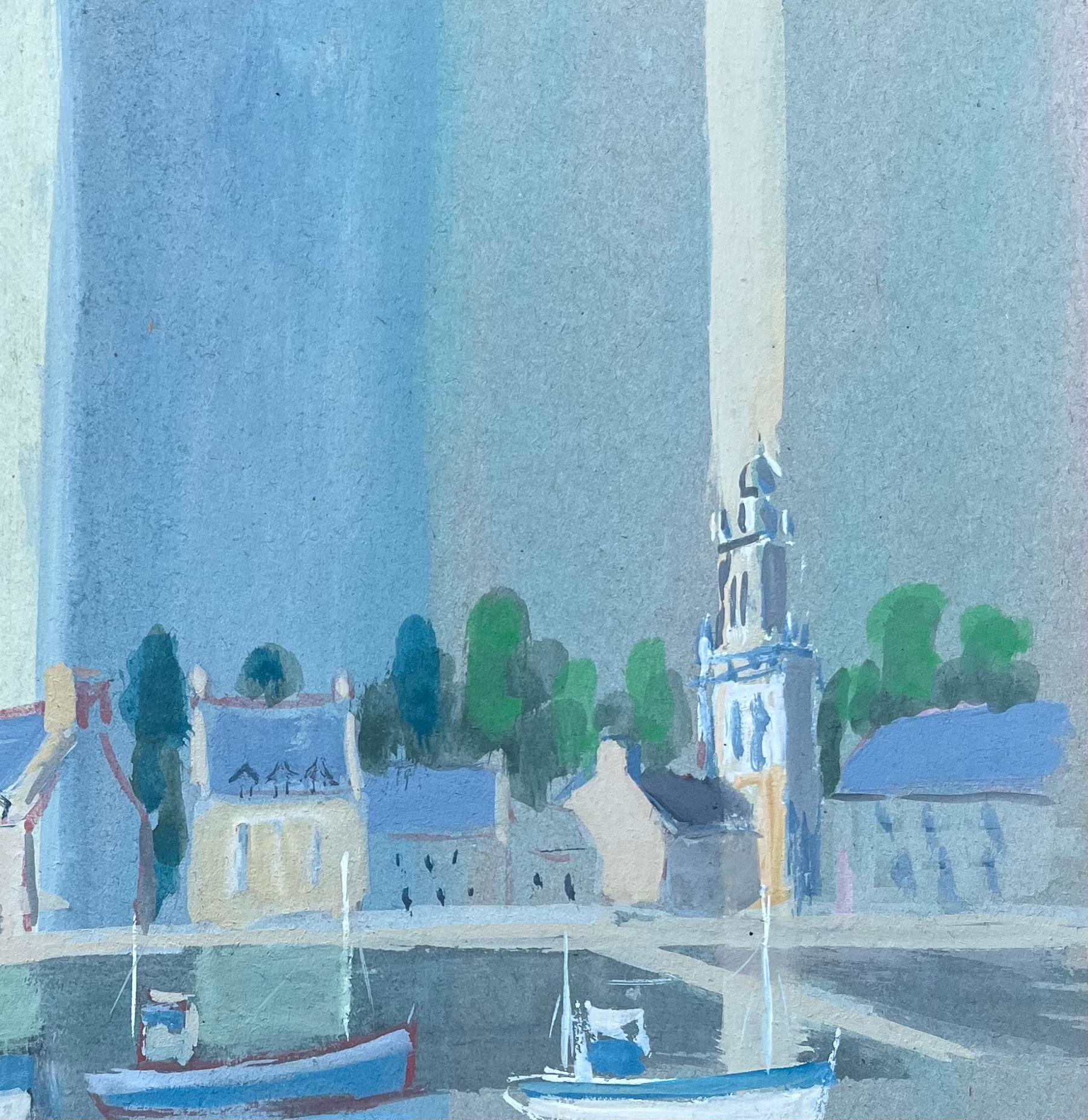 Ciudad portuaria francesa estilizada con barcos e iglesia en tonos fríos - Painting Impresionista de Fanch Lel