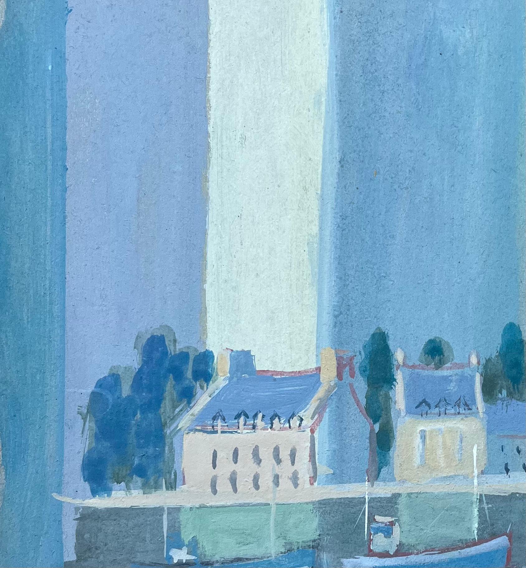 Ciudad portuaria francesa estilizada con barcos e iglesia en tonos fríos - Figurative Painting Azul de Fanch Lel