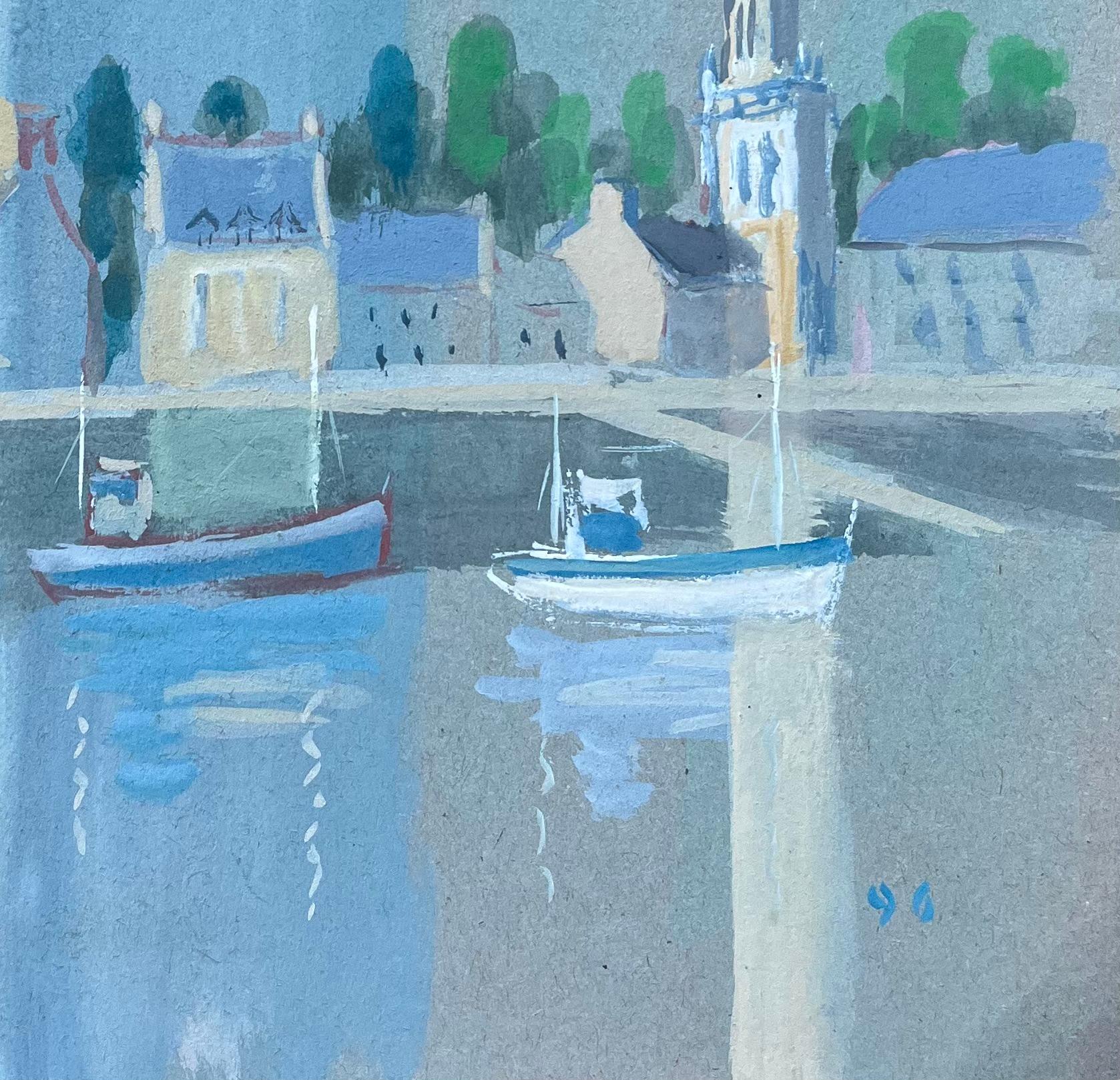 Título: Ciudad portuaria francesa estilizada con barcos e iglesia en tonos fríos
de Fanch Lel (francés, 1930)
Firmado: Sí
Tamaño: 10,25 pulgadas (alto) x 10,5 pulgadas (ancho)
Pintura al gouache sobre cartulina, sin enmarcar
Estado de conservación: