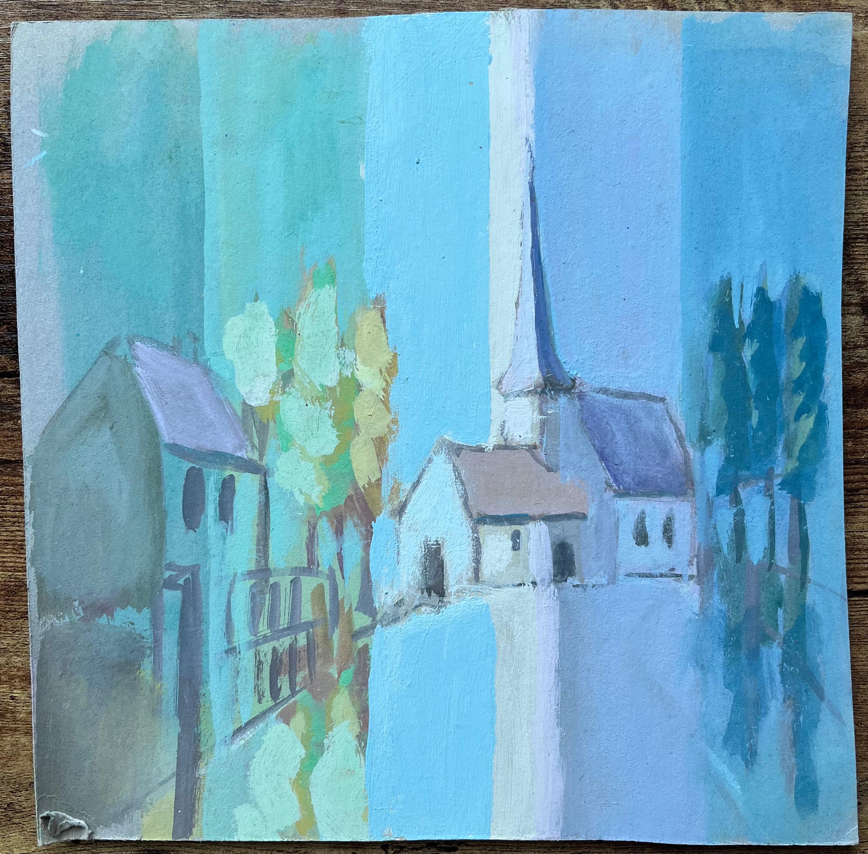 Stilisierte französische Dorfkirche mit Bäumen in kühlen Blautönen – Painting von Fanch Lel