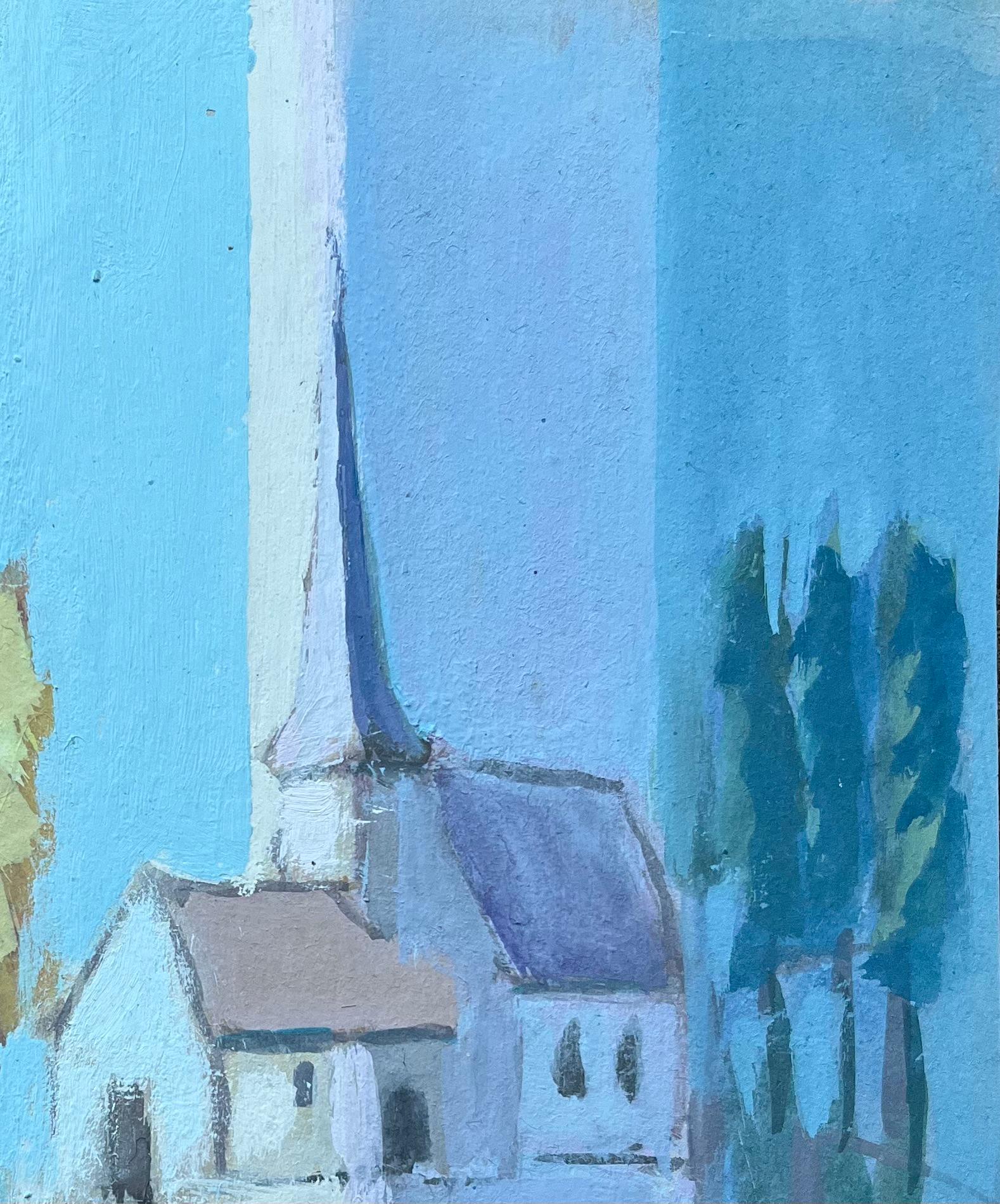 Stilisierte französische Dorfkirche mit Bäumen in kühlen Blautönen (Impressionismus), Painting, von Fanch Lel