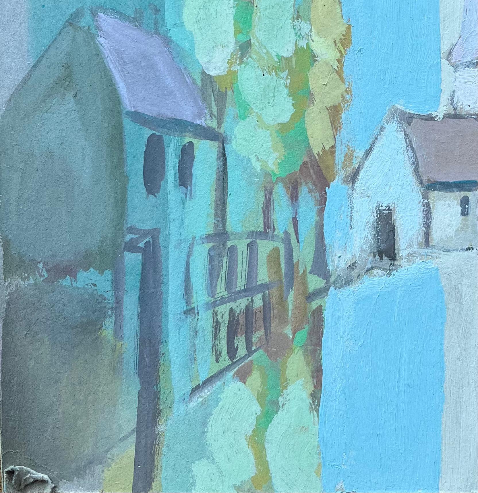 Stilisierte französische Dorfkirche mit Bäumen in kühlen Blautönen im Angebot 1