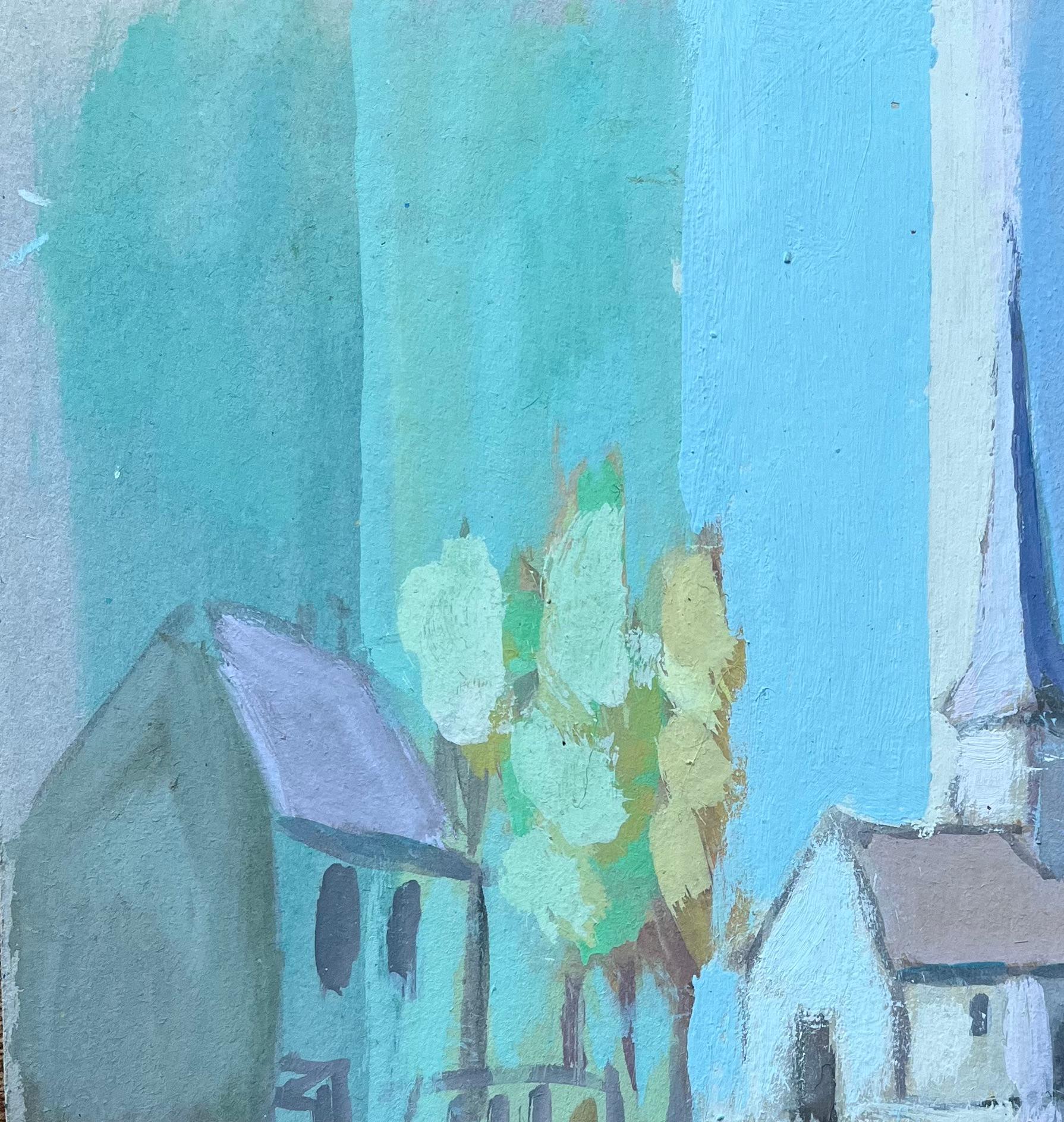Stilisierte französische Dorfkirche mit Bäumen in kühlen Blautönen im Angebot 2