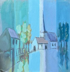 Stylised French Village Church with Trees in Cool Blue Tones