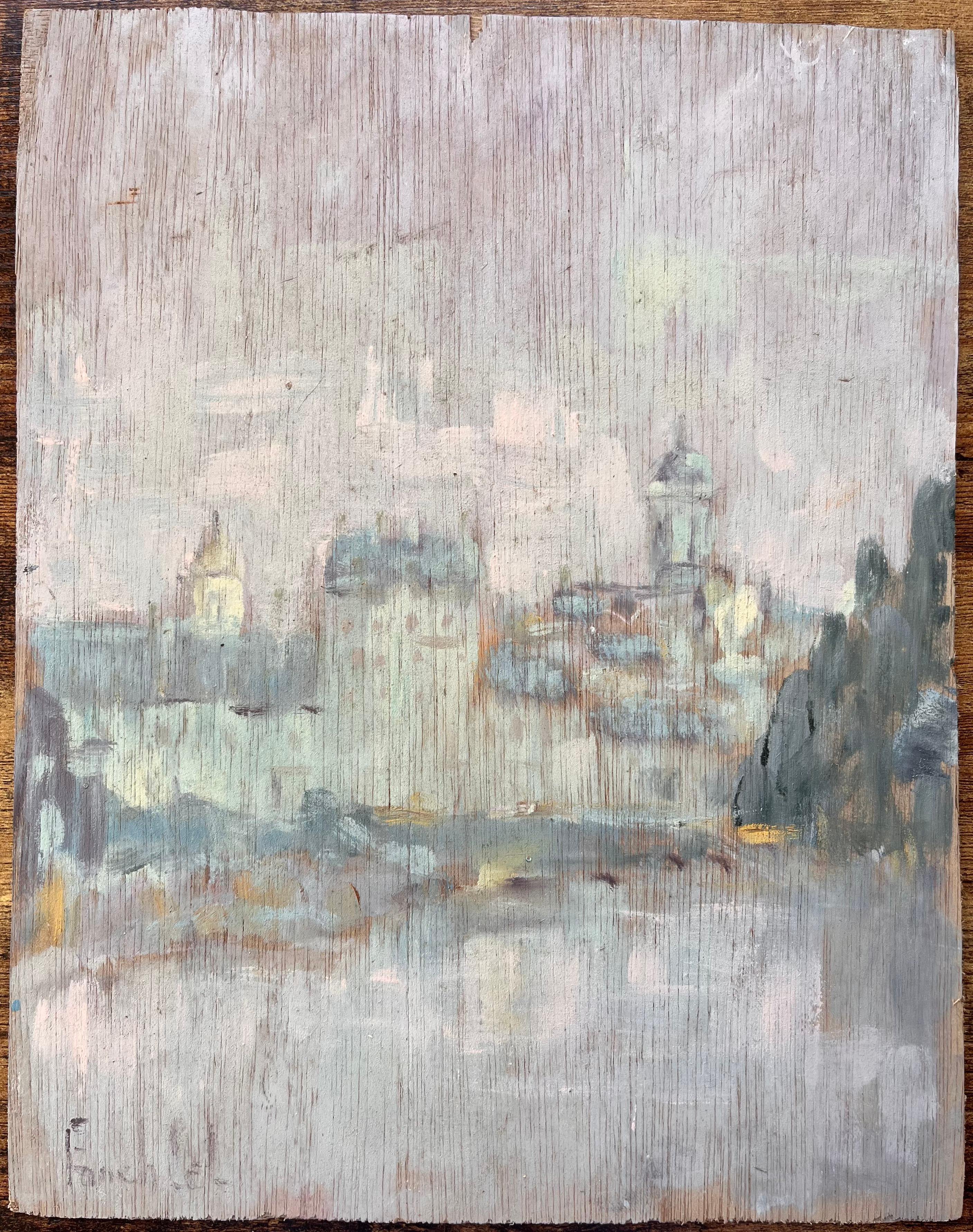 Subtle Impressionist Paris Skyline with River Reflection and Notre Dame Dome - Painting by Fanch Lel