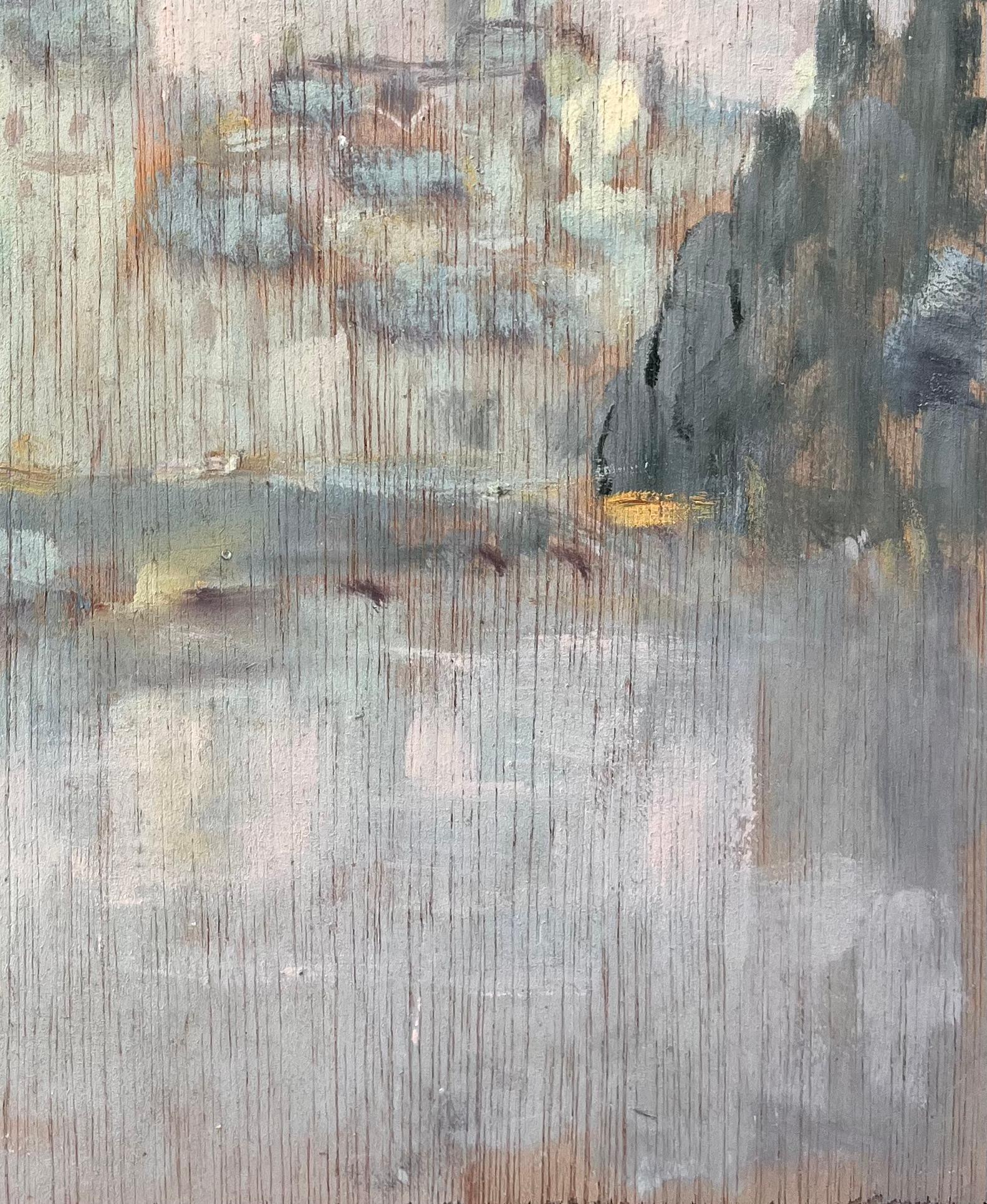 Subtle Impressionist Paris Skyline with River Reflection and Notre Dame Dome - Gray Abstract Painting by Fanch Lel
