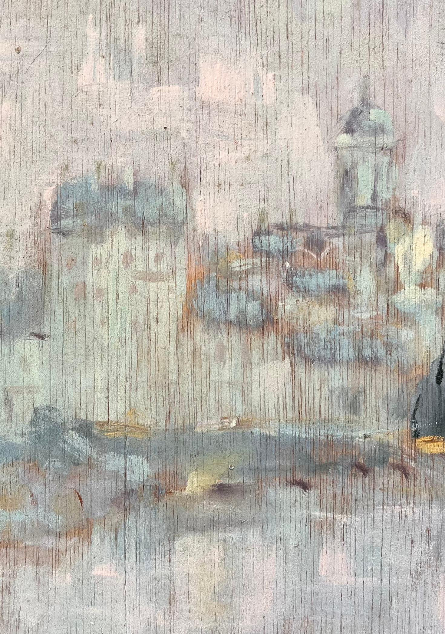 Subtle Impressionist Paris Skyline with River Reflection and Notre Dame Dome For Sale 3