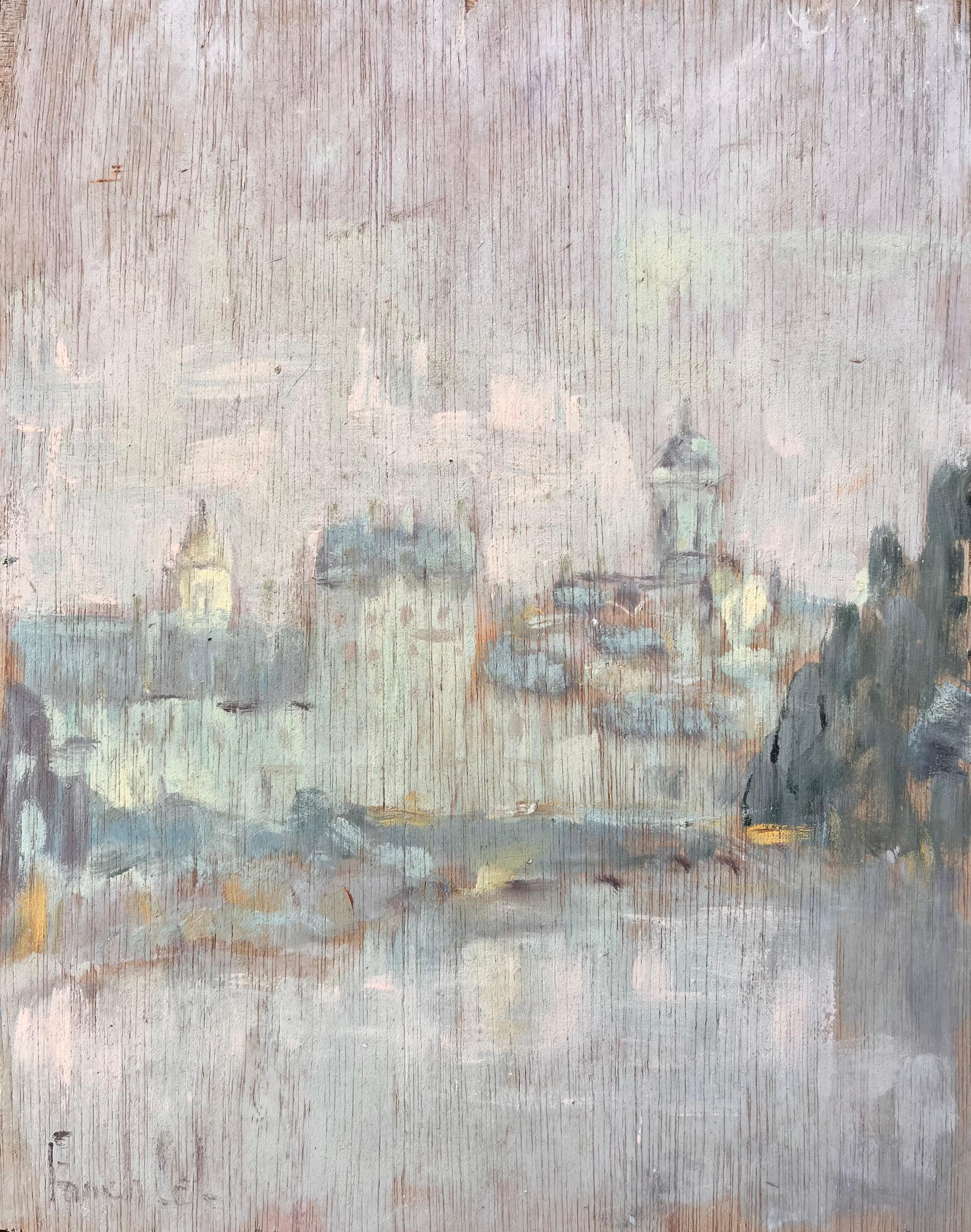 Fanch Lel Abstract Painting - Subtle Impressionist Paris Skyline with River Reflection and Notre Dame Dome
