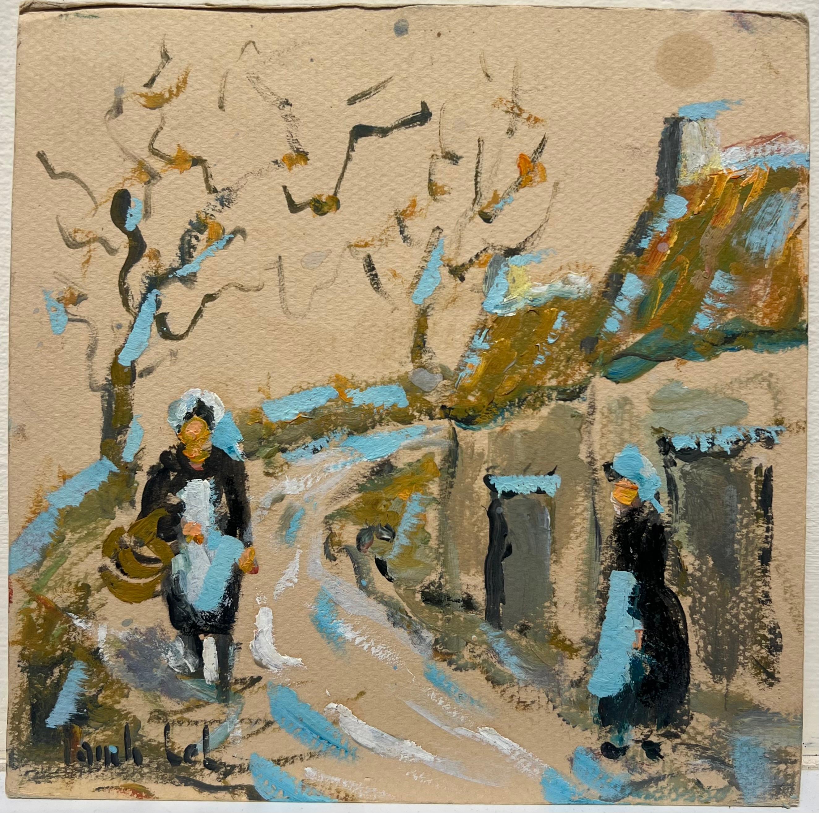 Pista de Pueblo con Encanto Azul Verano  con Mujeres en Traje Tradicional Bretón - Painting de Fanch Lel