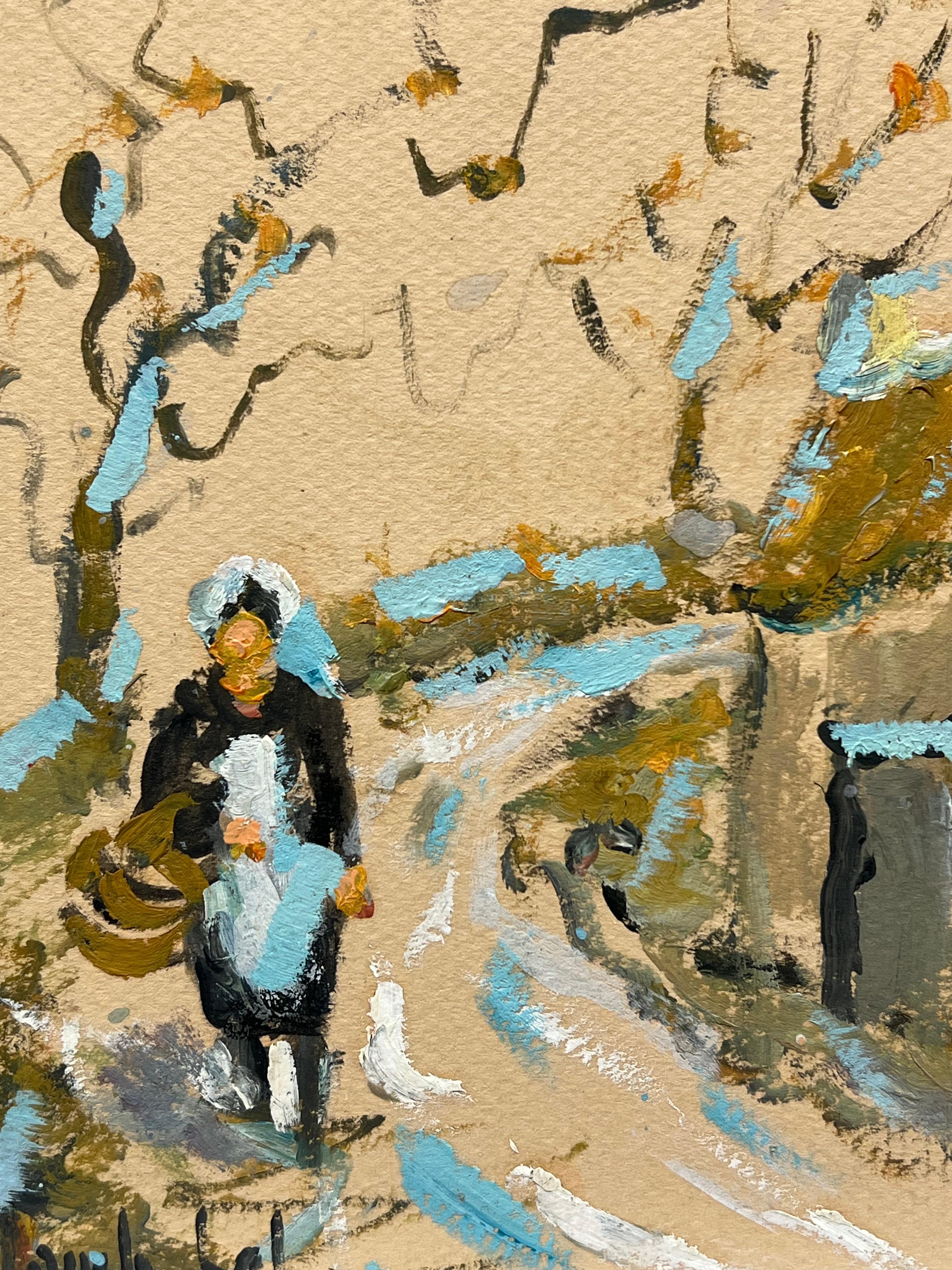 Pista de Pueblo con Encanto Azul Verano  con Mujeres en Traje Tradicional Bretón - Landscape Painting Marrón de Fanch Lel