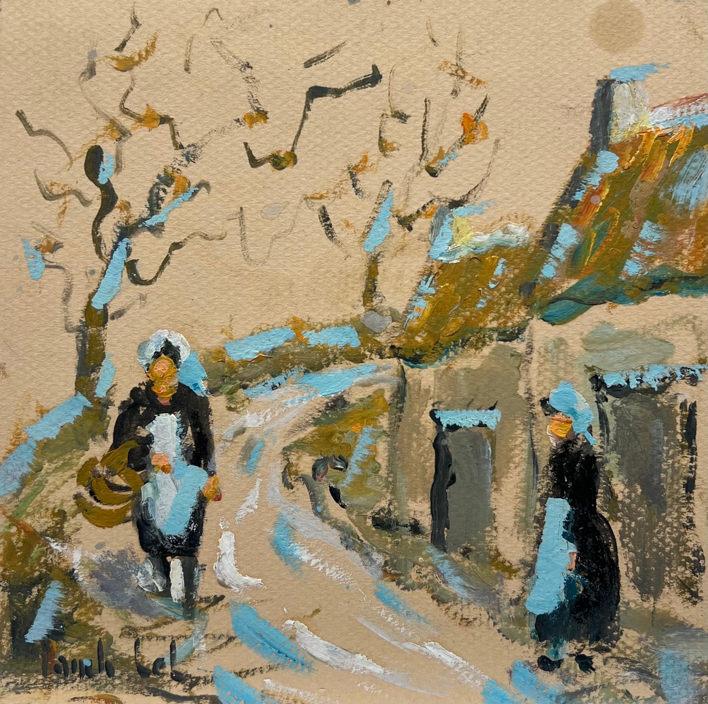 Landscape Painting de Fanch Lel - Pista de Pueblo con Encanto Azul Verano  con Mujeres en Traje Tradicional Bretón