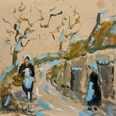 Summer Blue Charming Village Track  with Women in Traditional Breton Attire