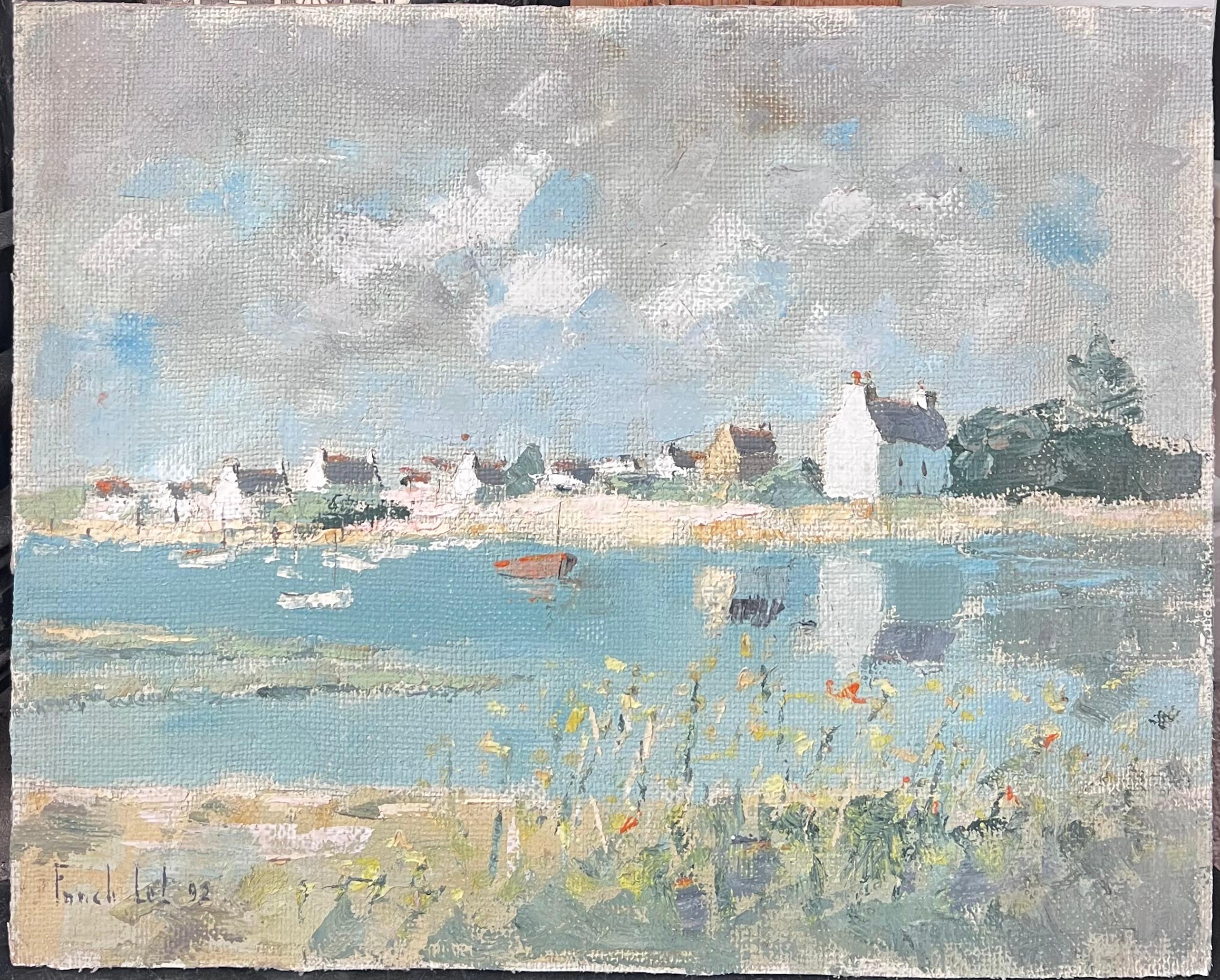 Summers Day Blue Coastal Beach Signed Ölgemälde Landschaft – Painting von Fanch Lel